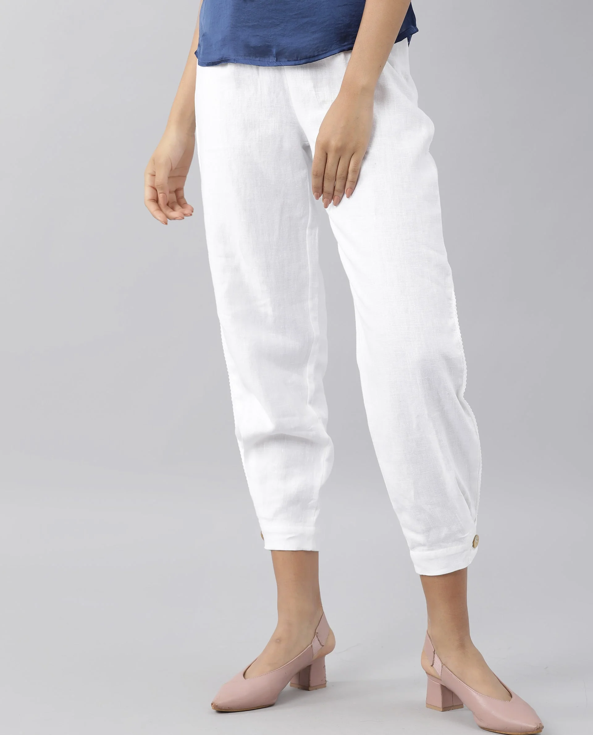 Rareism Women's Navi White Linen Plain Knee Length Regular Fit Trouser - Image 9