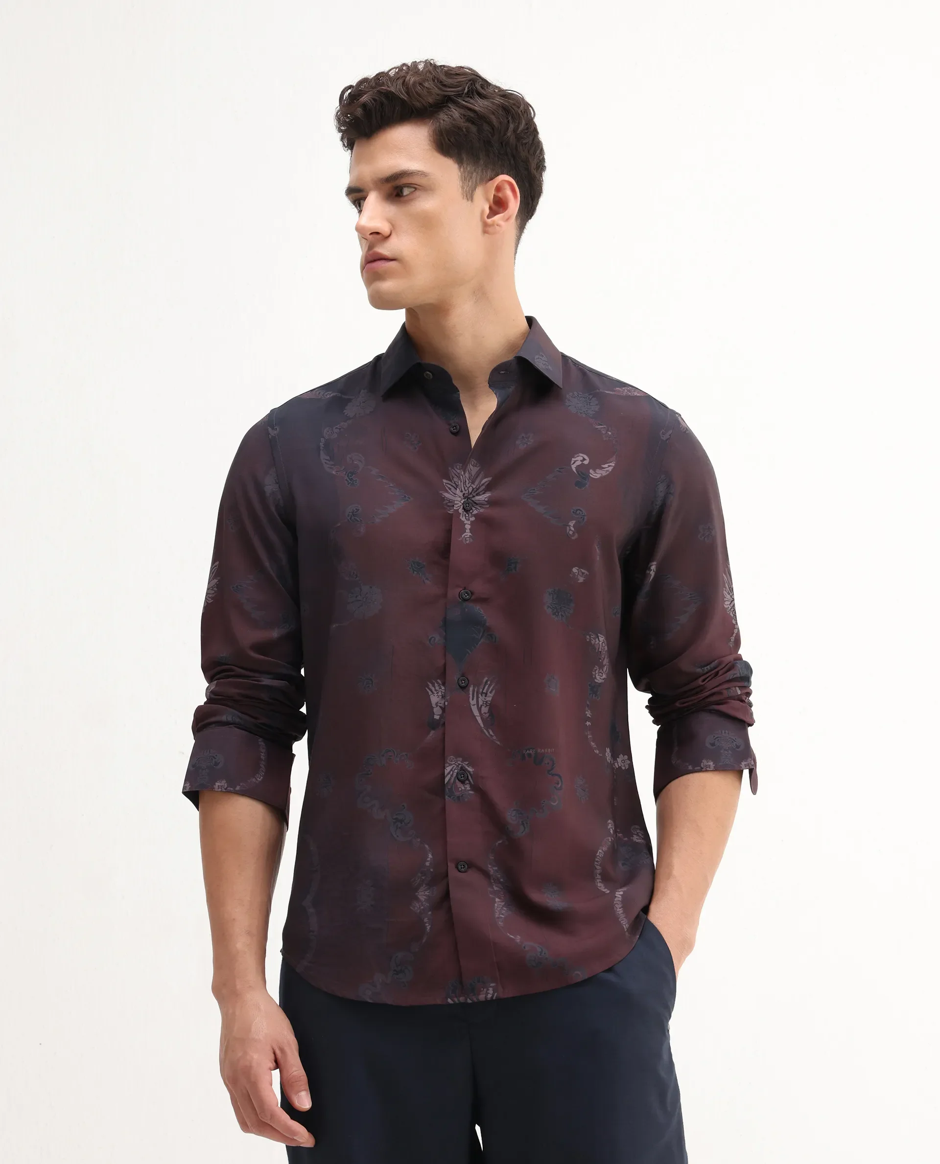 Rare Rabbit Men's Navo Dark Maroon Viscose Floral Print Regular Fit Full Sleeve Collared Shirt - Image 3