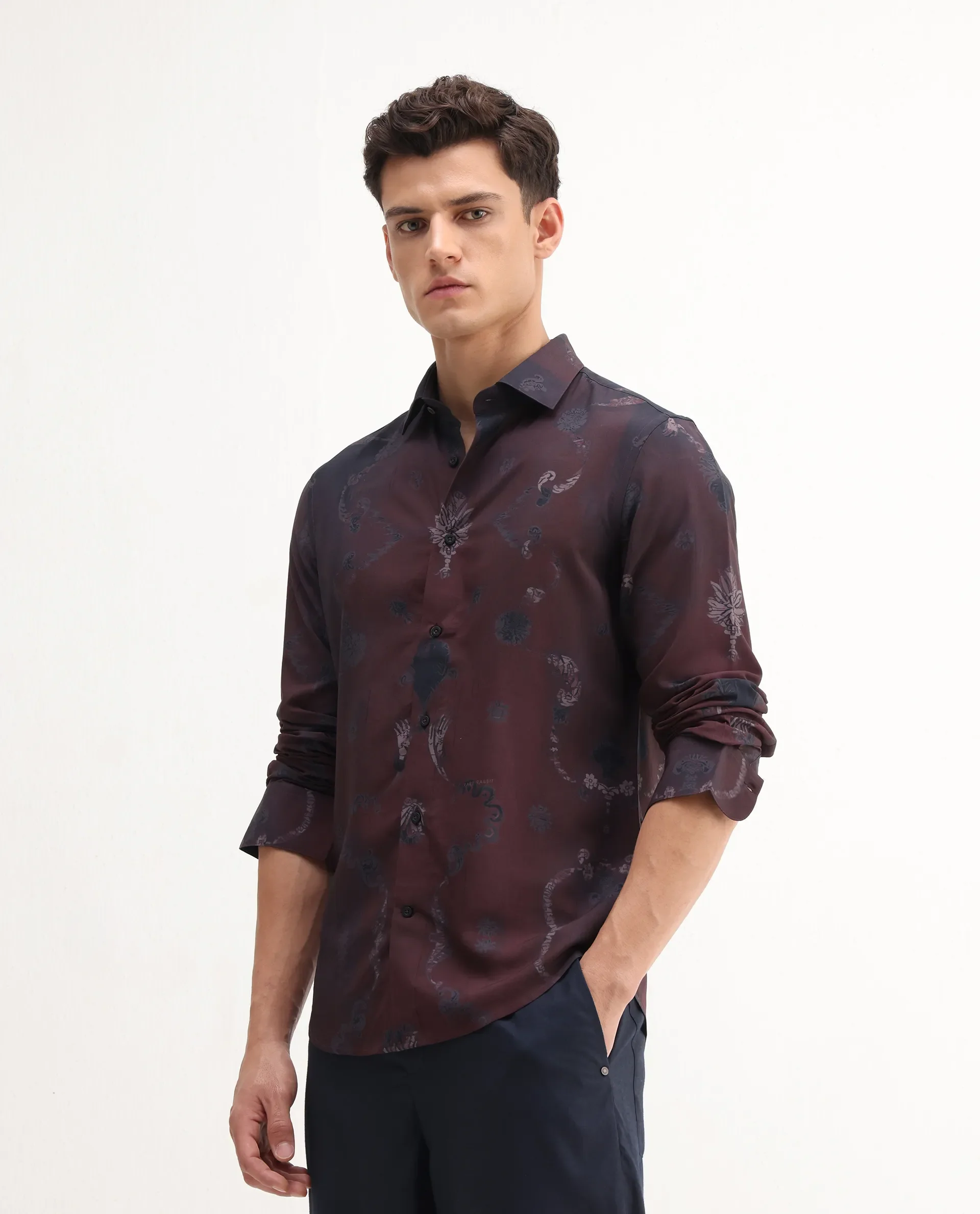 Rare Rabbit Men's Navo Dark Maroon Viscose Floral Print Regular Fit Full Sleeve Collared Shirt - Image 4