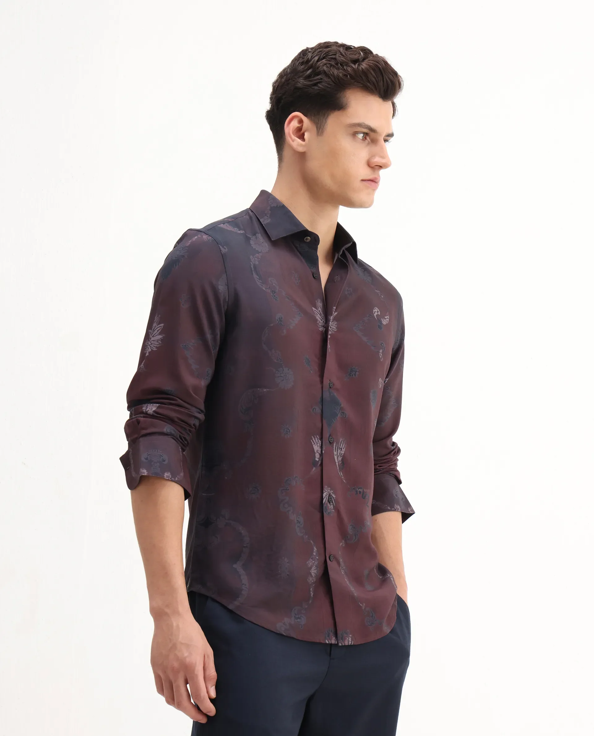 Rare Rabbit Men's Navo Dark Maroon Viscose Floral Print Regular Fit Full Sleeve Collared Shirt - Image 5