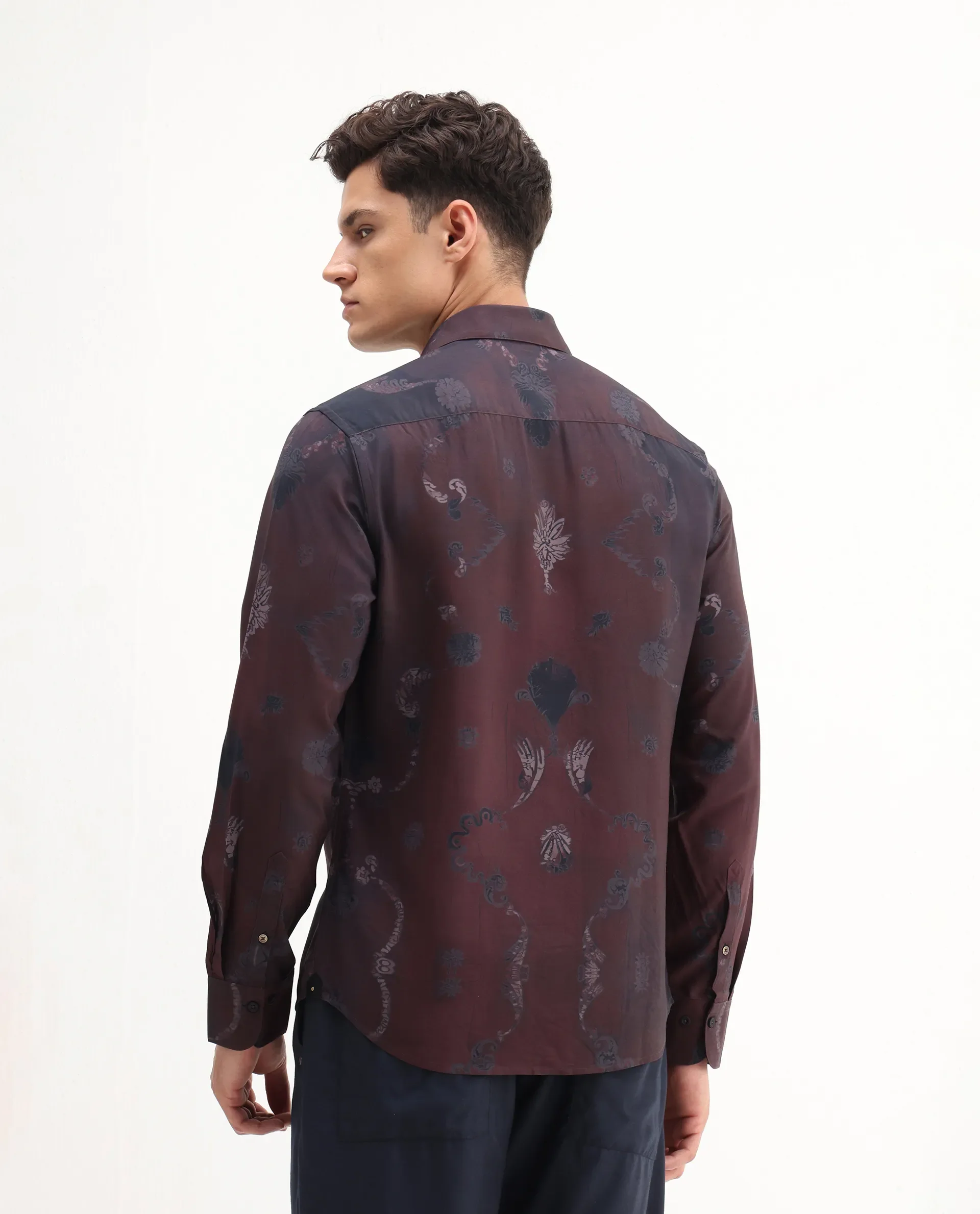 Rare Rabbit Men's Navo Dark Maroon Viscose Floral Print Regular Fit Full Sleeve Collared Shirt - Image 6