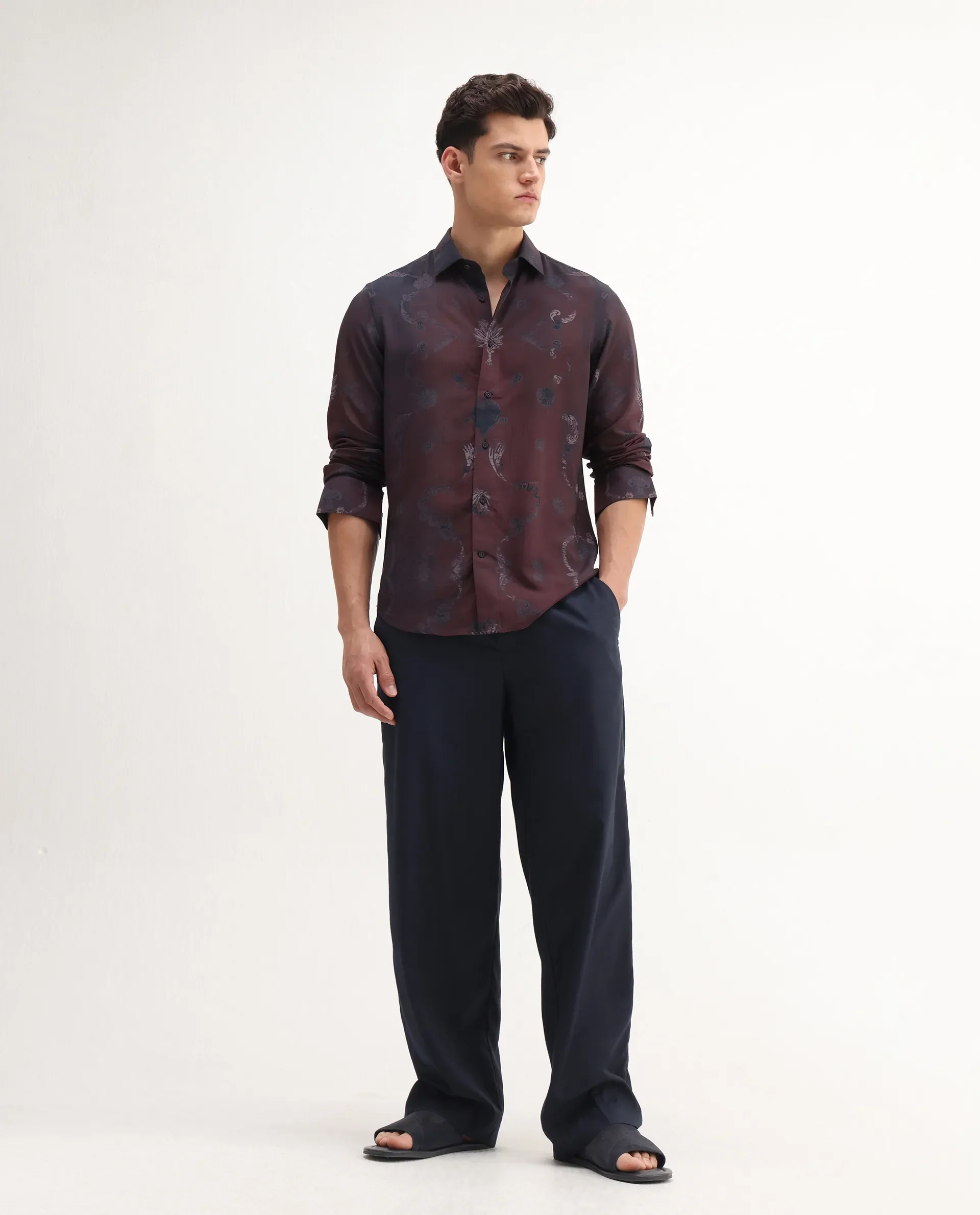 Rare Rabbit Men's Navo Dark Maroon Viscose Floral Print Regular Fit Full Sleeve Collared Shirt - Image 7