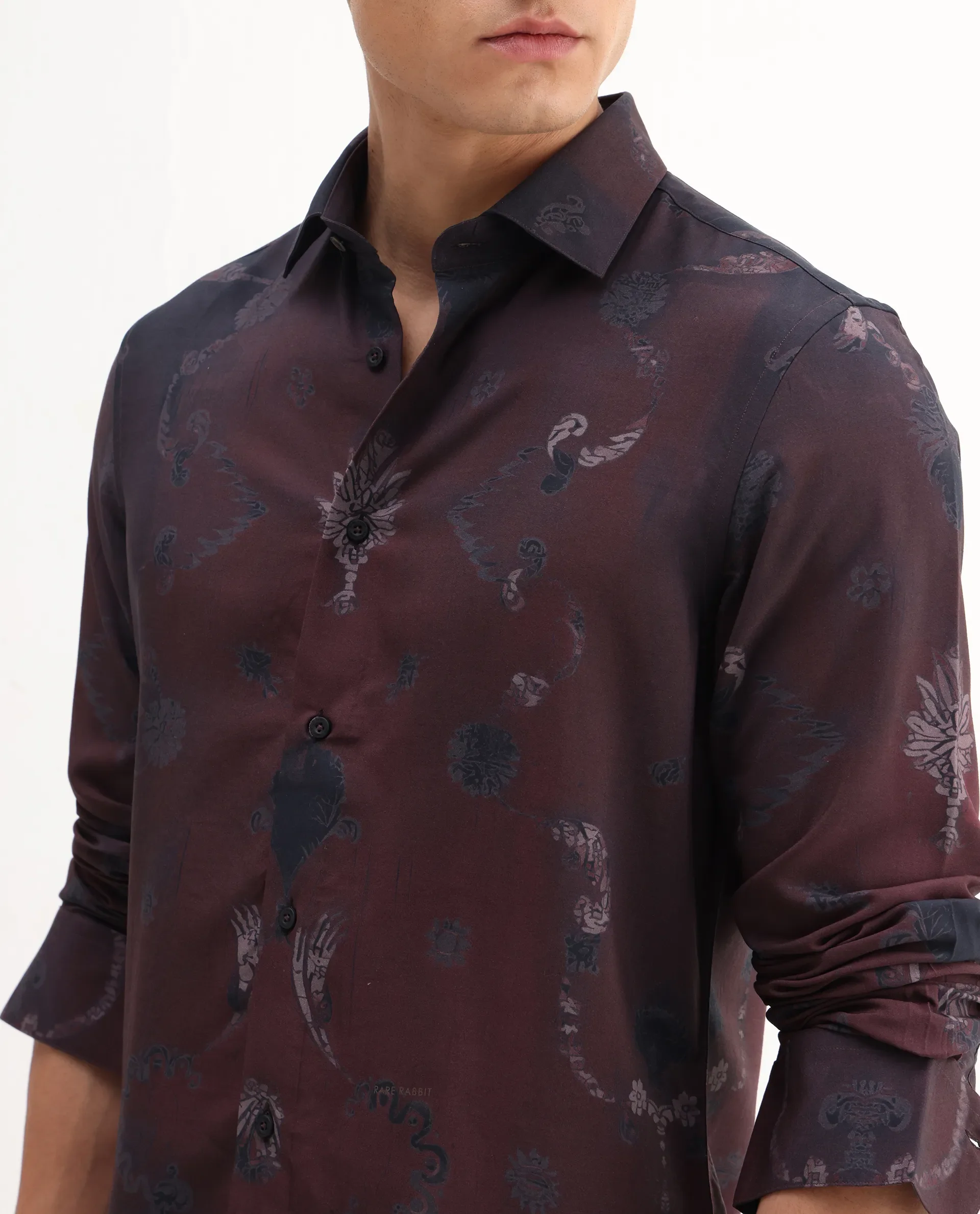 Rare Rabbit Men's Navo Dark Maroon Viscose Floral Print Regular Fit Full Sleeve Collared Shirt - Image 8