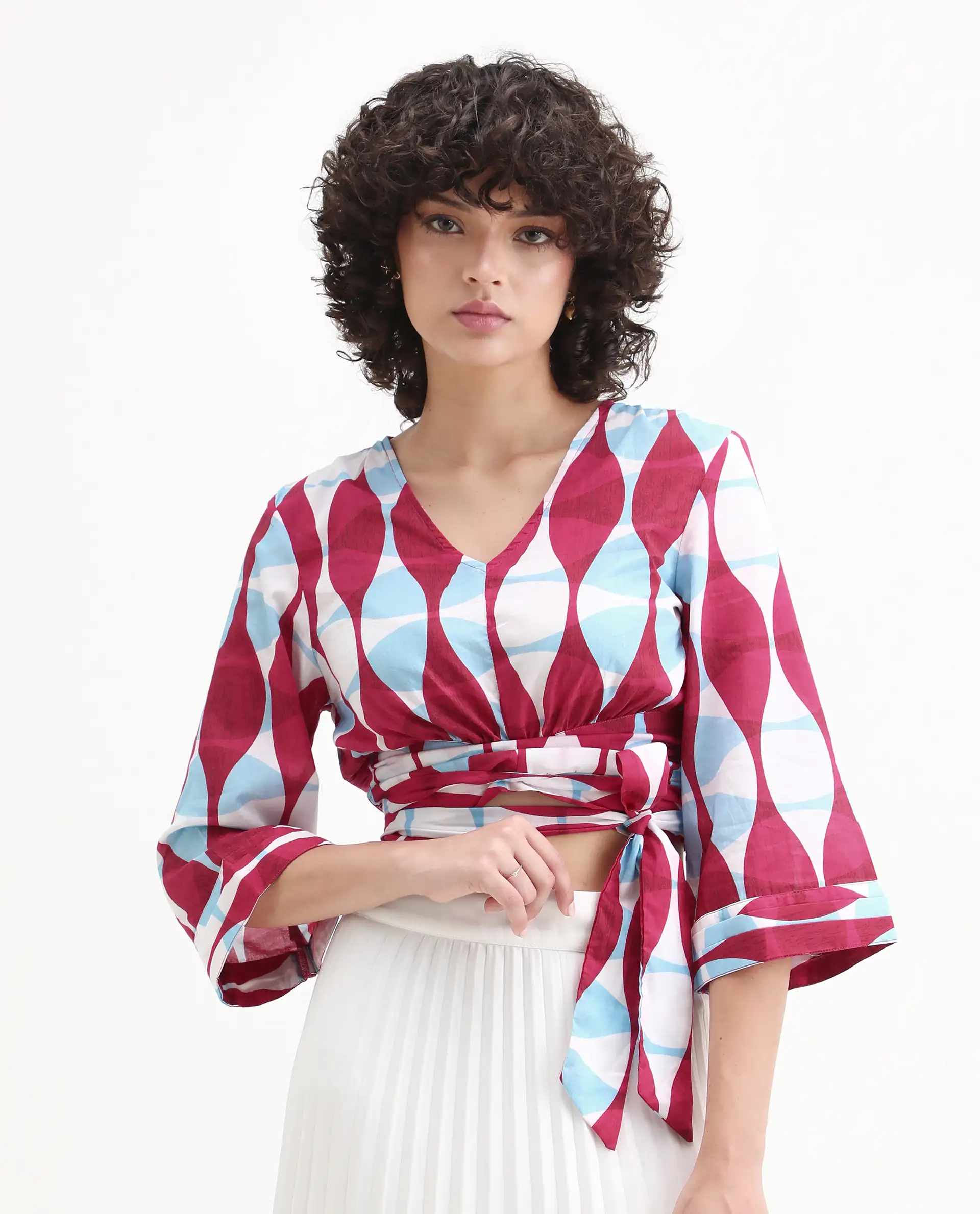Rareism Women's Nayber Multi Cotton V-Neck Geometric Print Bell Sleeve Crop Regular Fit Top - Image 4