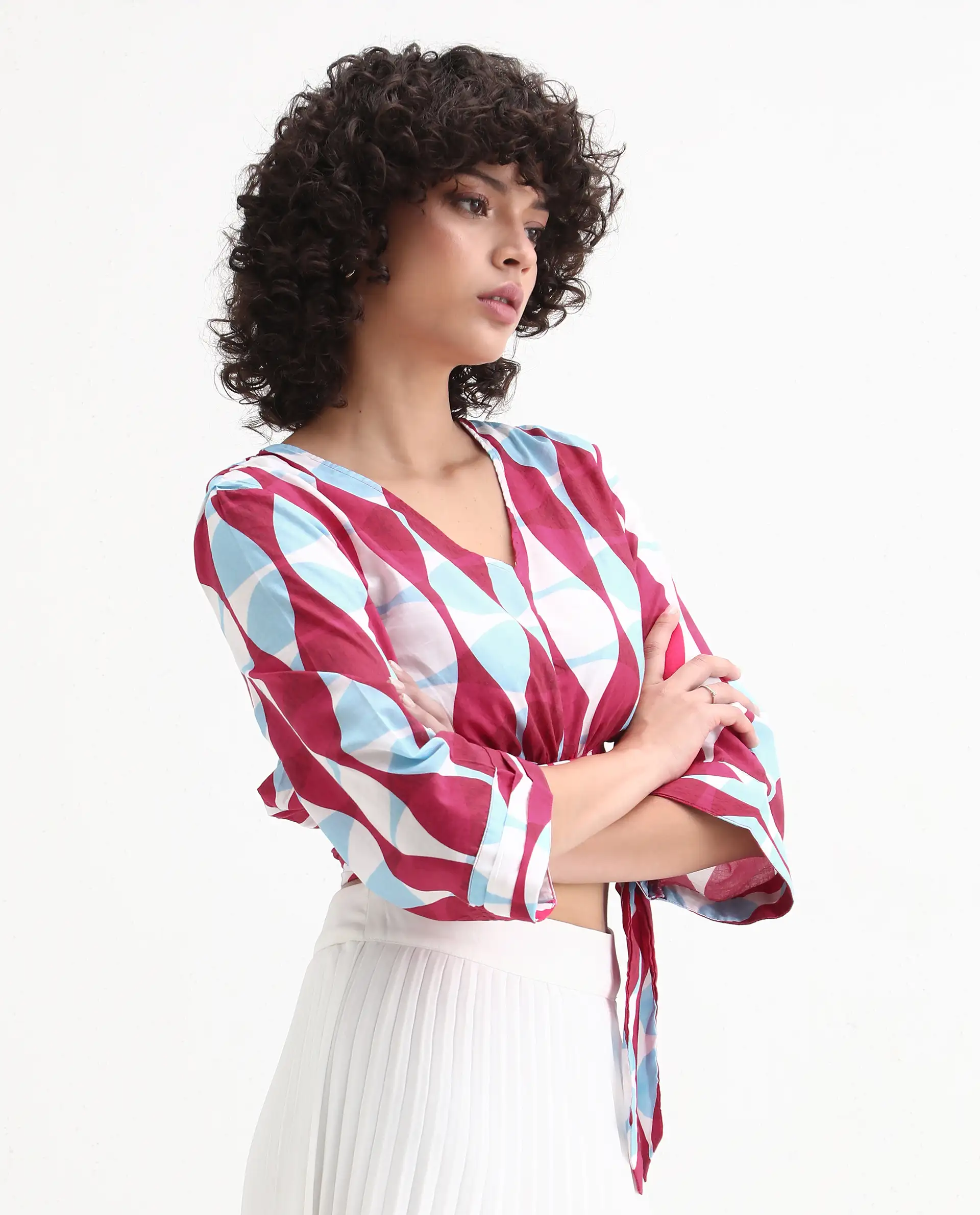 Rareism Women's Nayber Multi Cotton V-Neck Geometric Print Bell Sleeve Crop Regular Fit Top - Image 6