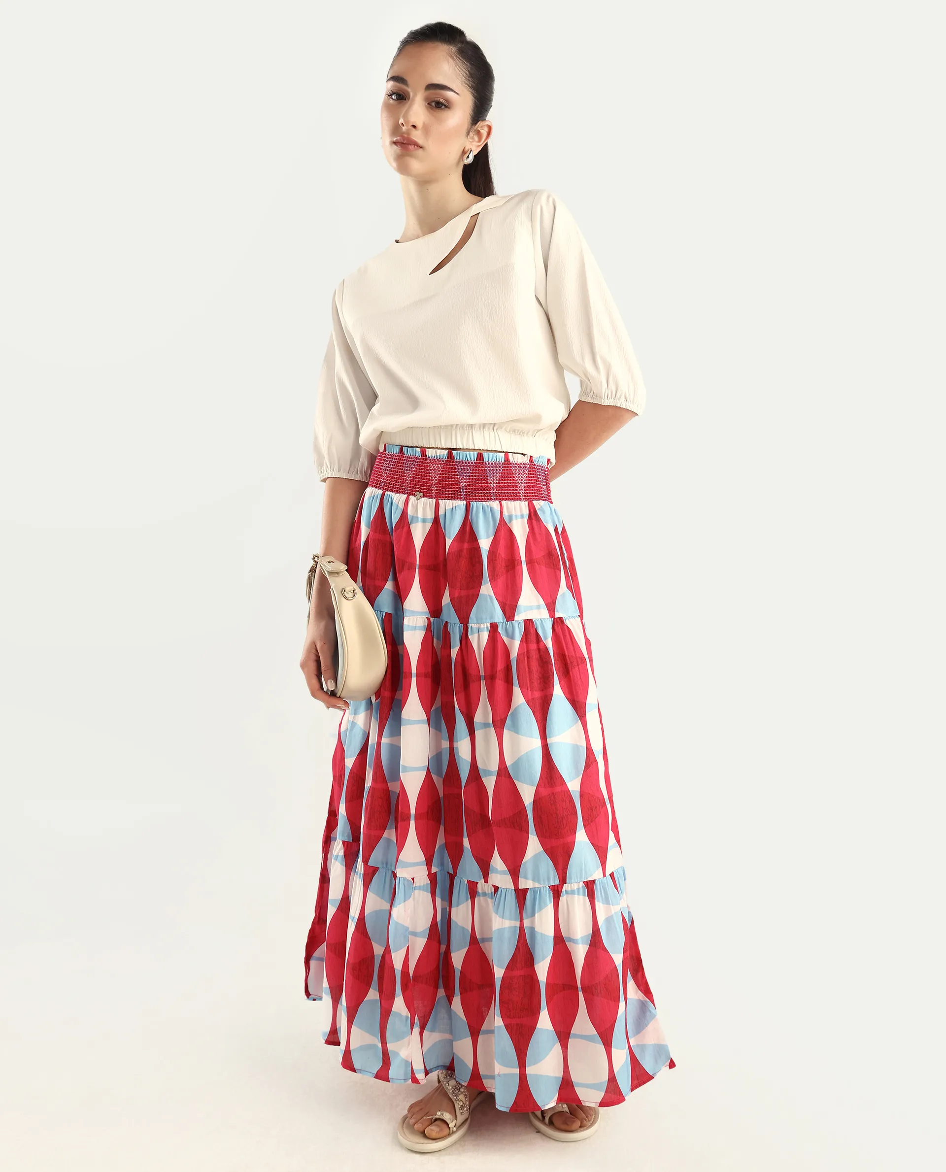 Rareism Women's Naybert Multi Cotton Geometric Print Ankle Length Flared Skirt