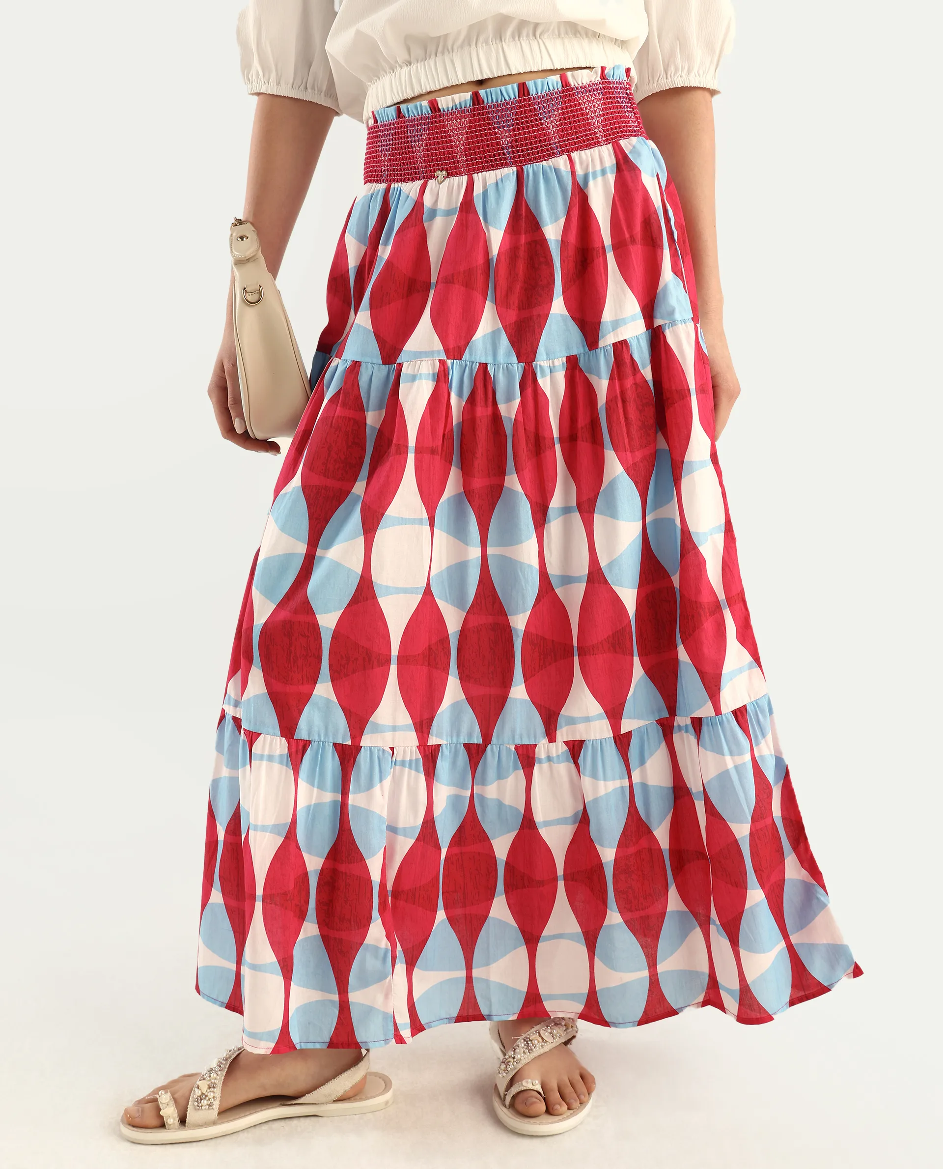Rareism Women's Naybert Multi Cotton Geometric Print Ankle Length Flared Skirt - Image 2