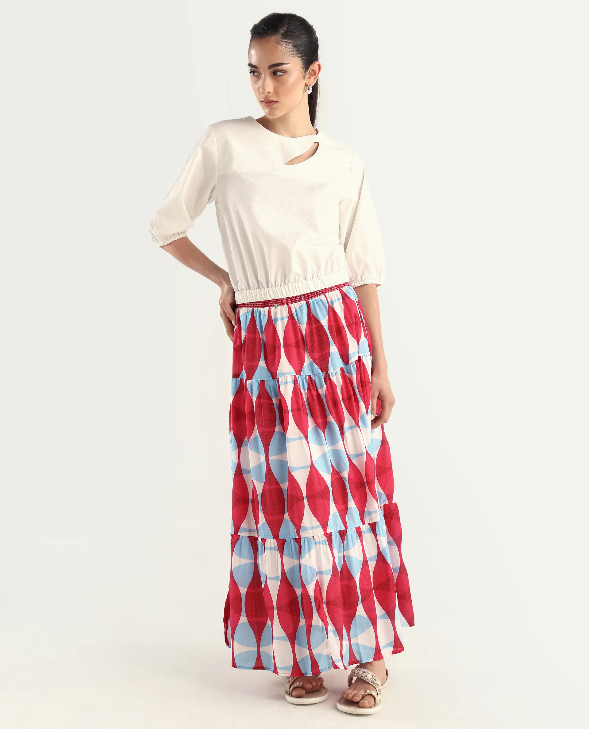 Rareism Women's Naybert Multi Cotton Geometric Print Ankle Length Flared Skirt - Image 3