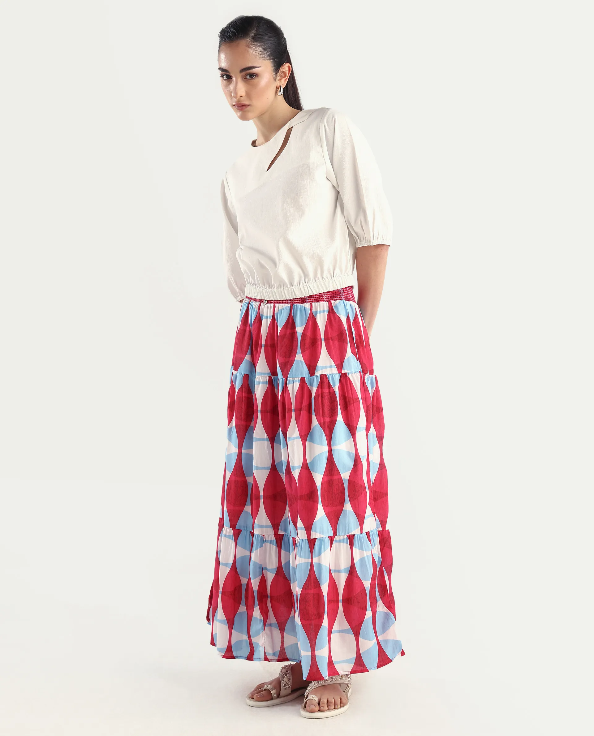 Rareism Women's Naybert Multi Cotton Geometric Print Ankle Length Flared Skirt - Image 6