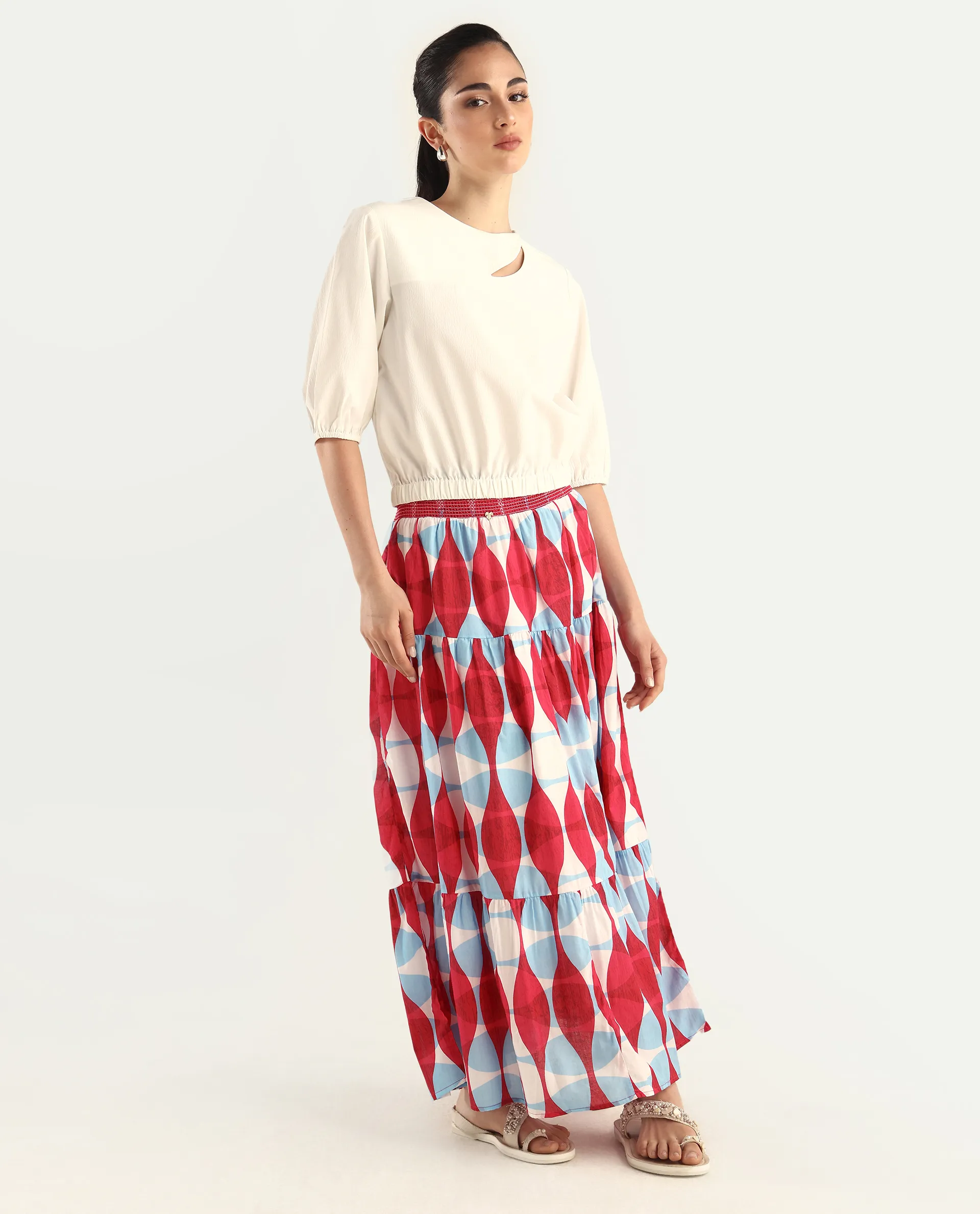 Rareism Women's Naybert Multi Cotton Geometric Print Ankle Length Flared Skirt - Image 7