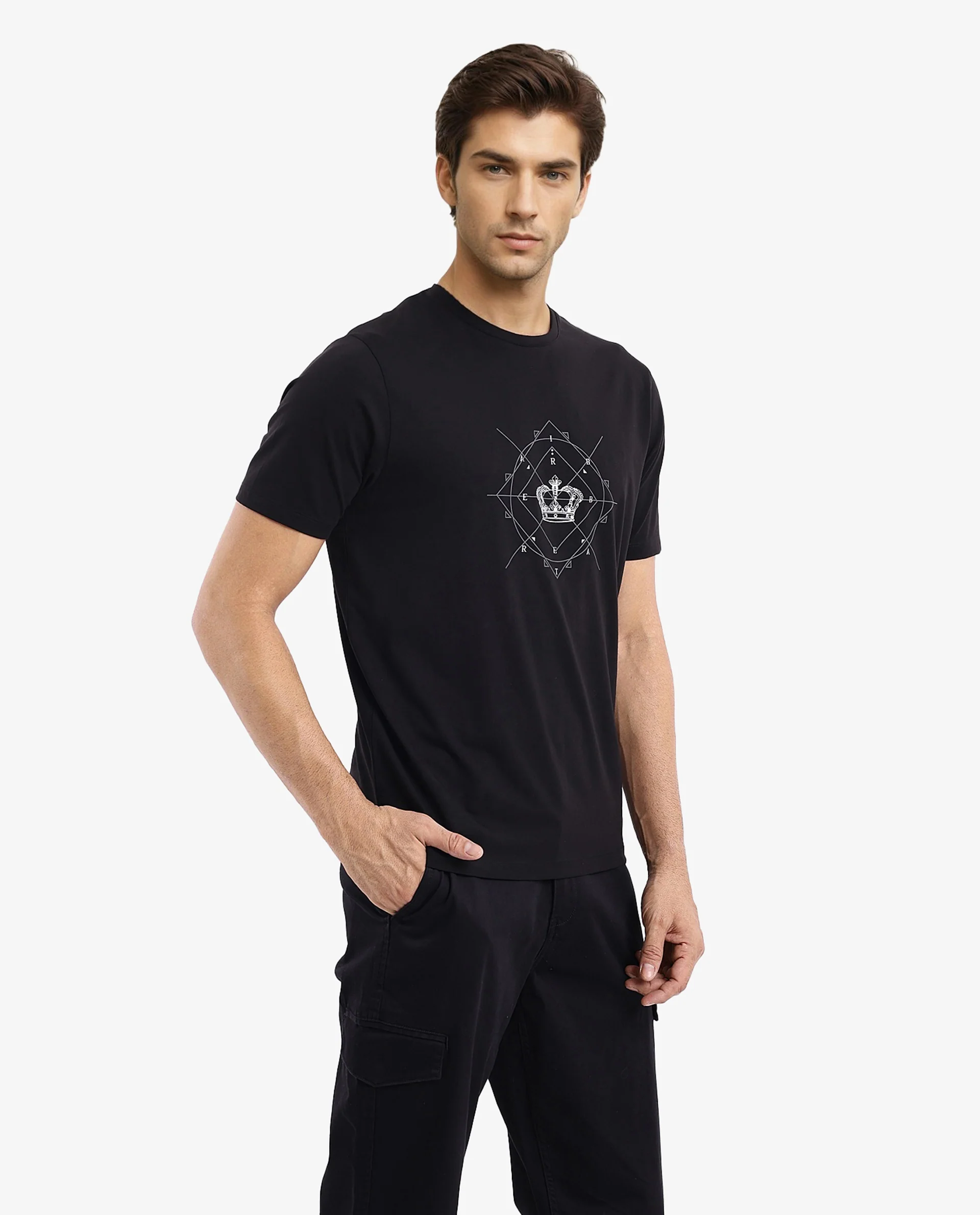 Rare Rabbit Men's Naz Black Cotton Graphic Print Regular Fit Half Sleeve Crew Neck T-Shirt - Image 4