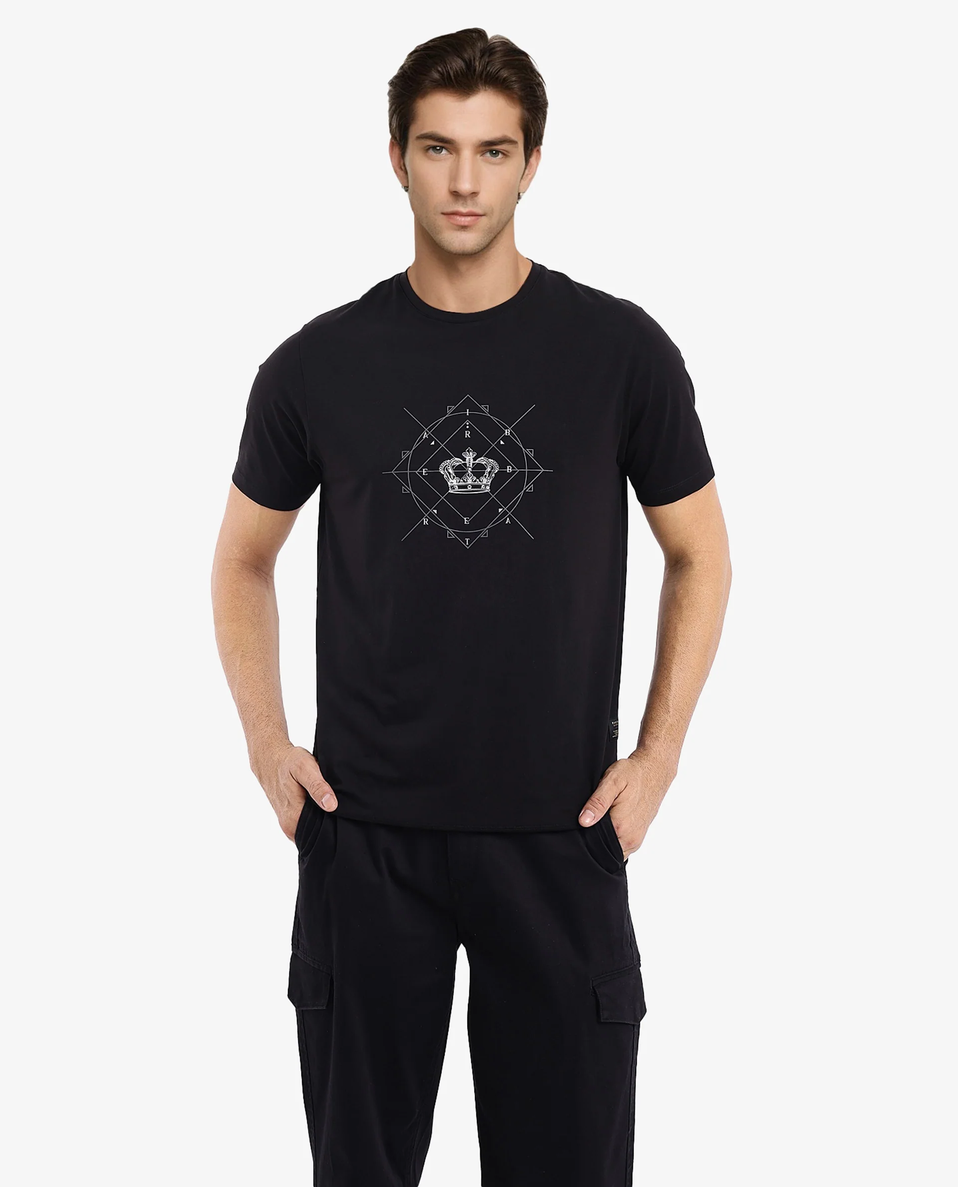 Rare Rabbit Men's Naz Black Cotton Graphic Print Regular Fit Half Sleeve Crew Neck T-Shirt - Image 5