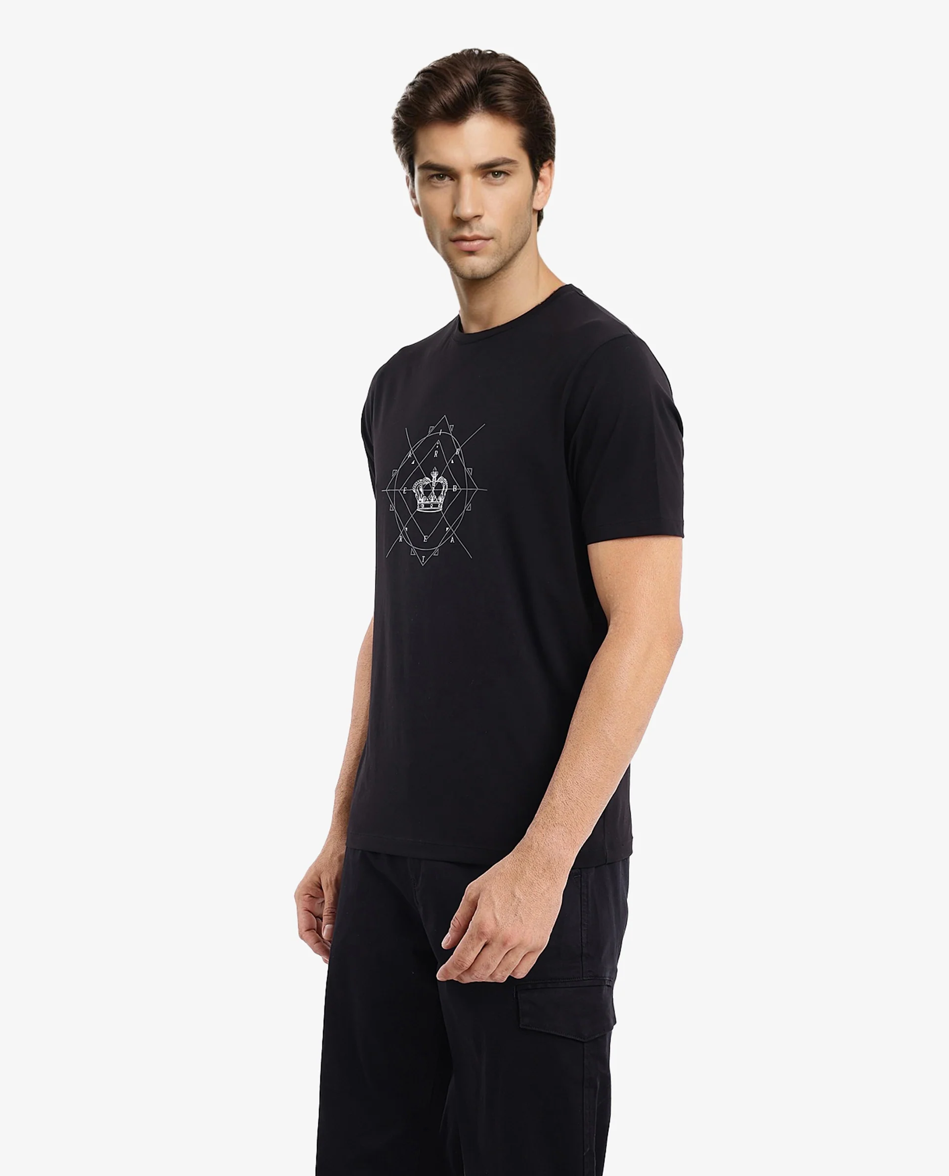 Rare Rabbit Men's Naz Black Cotton Graphic Print Regular Fit Half Sleeve Crew Neck T-Shirt - Image 7