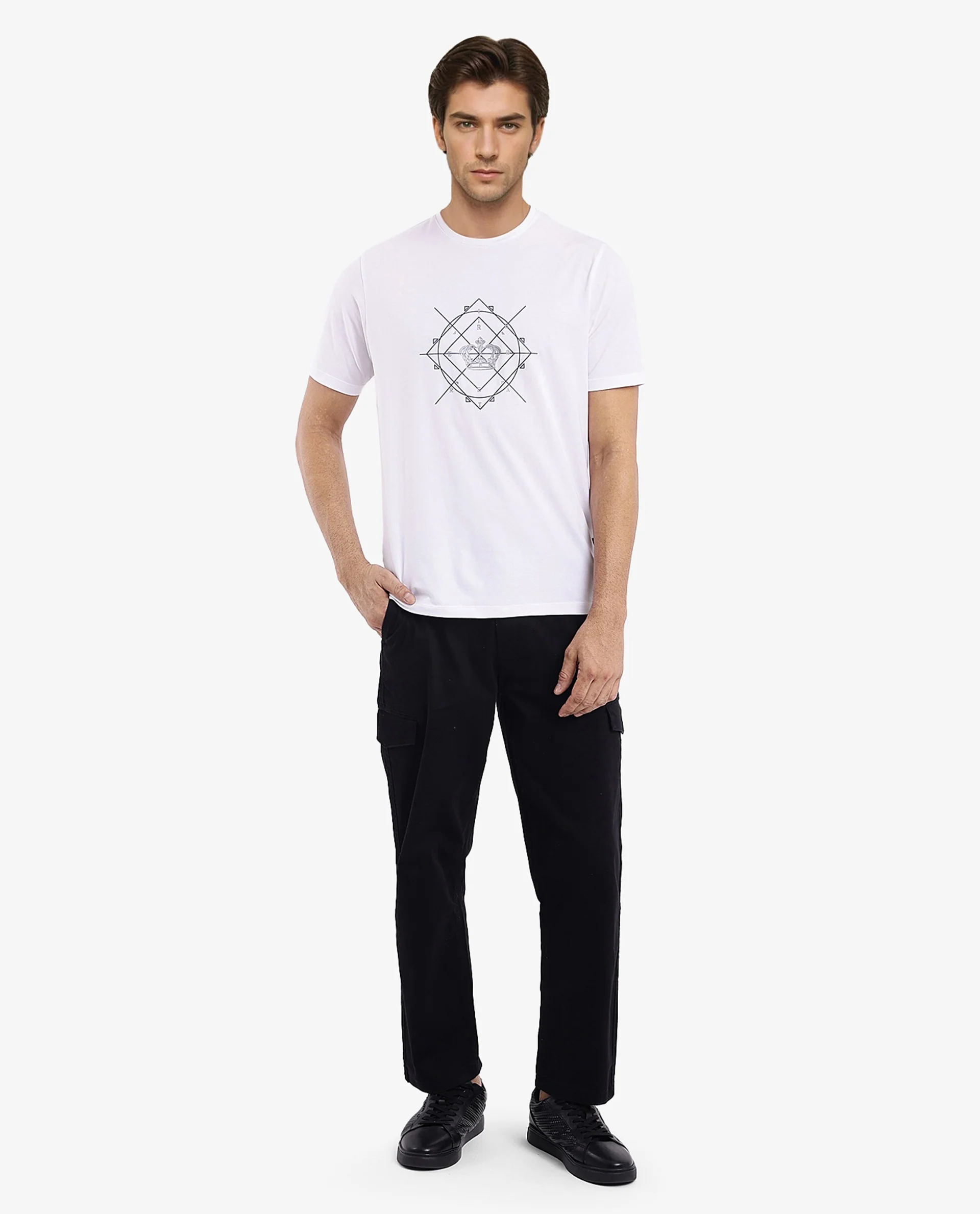 Rare Rabbit Men's Naz White Cotton Graphic Print Regular Fit Half Sleeve Crew Neck T-Shirt - Image 2
