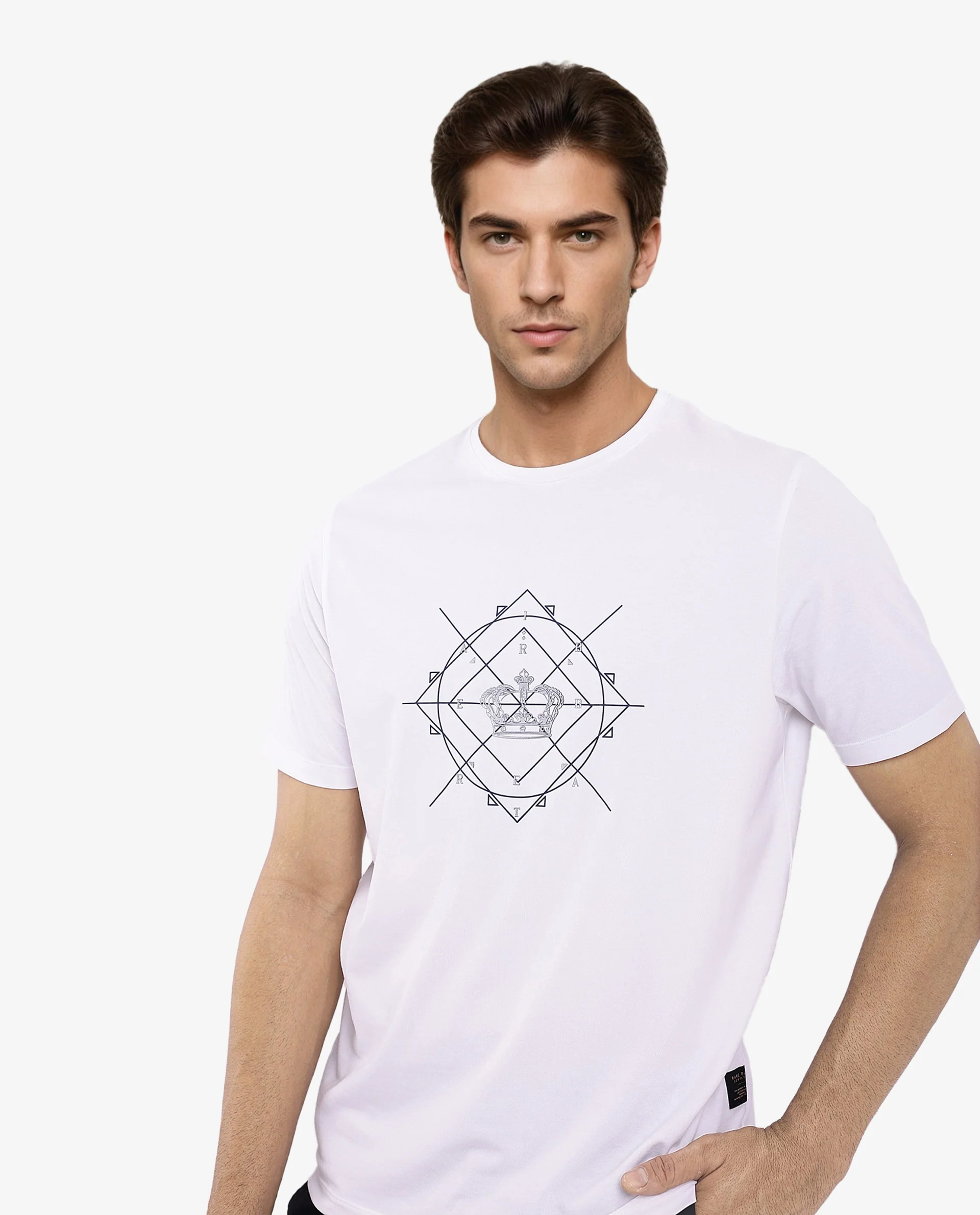 Rare Rabbit Men's Naz White Cotton Graphic Print Regular Fit Half Sleeve Crew Neck T-Shirt - Image 3