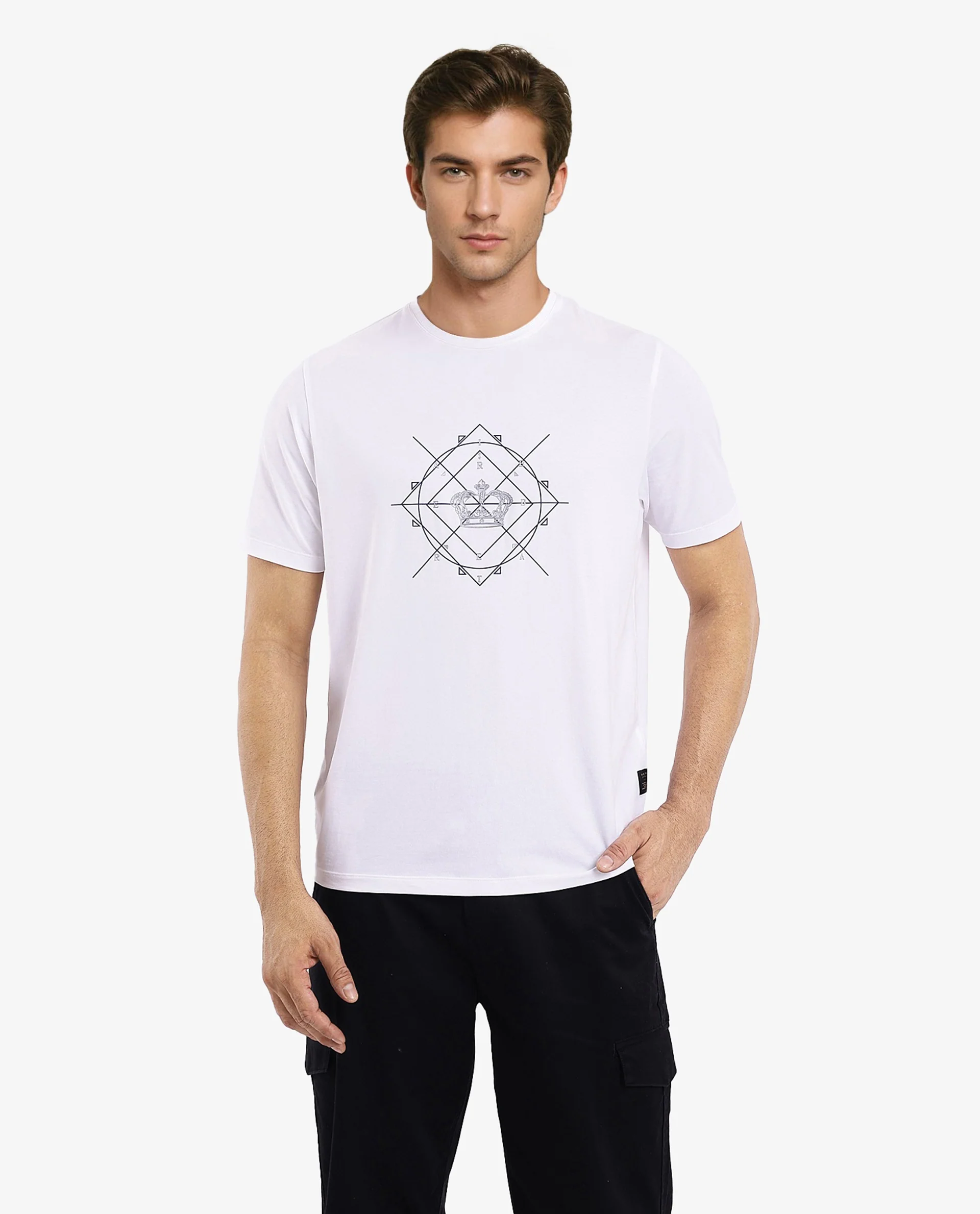 Rare Rabbit Men's Naz White Cotton Graphic Print Regular Fit Half Sleeve Crew Neck T-Shirt - Image 4