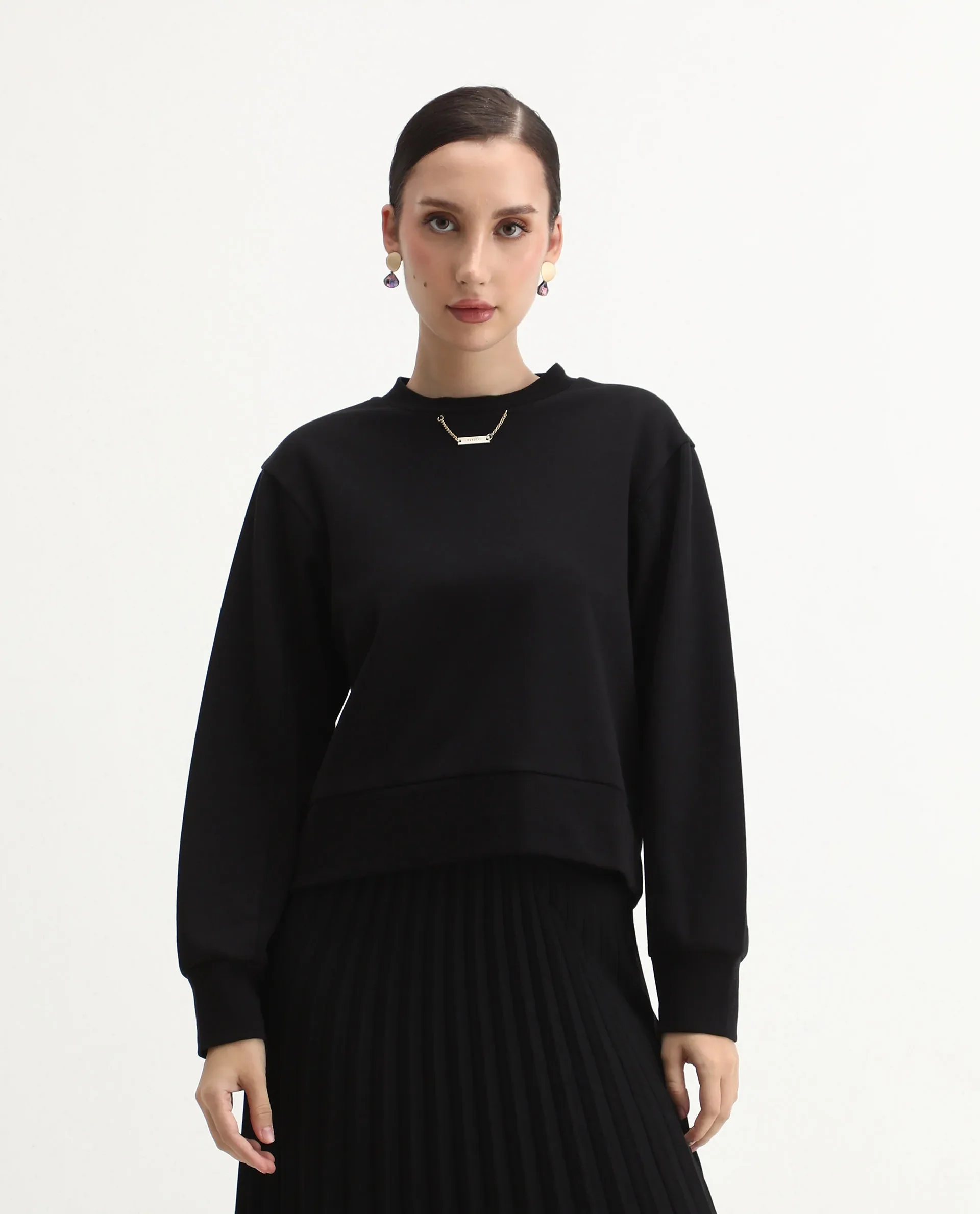 Rareism Women's Naz Black Cotton Blend Fabric Crew Neck Relaxed Fit Printed Sweatshirt - Image 3