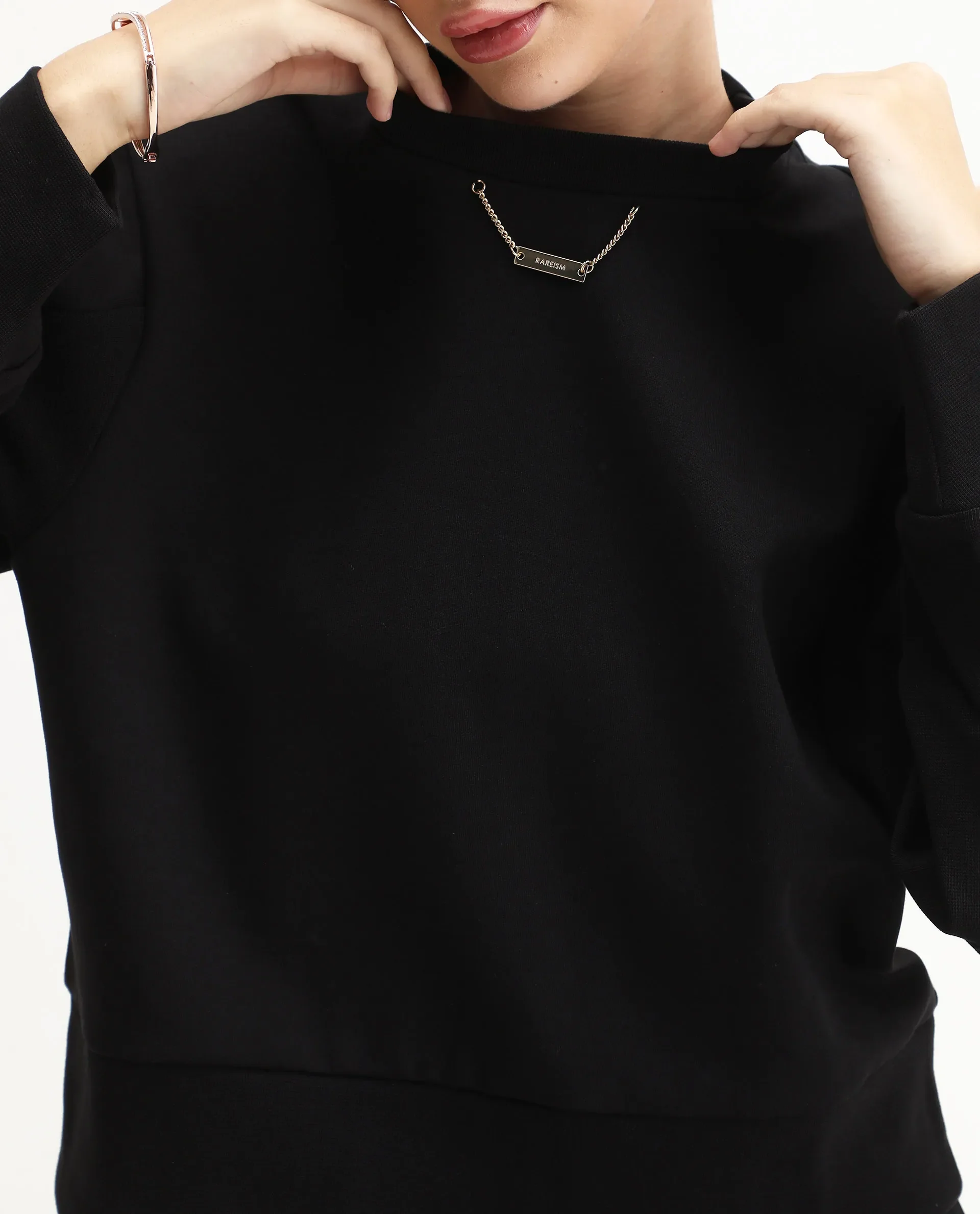 Rareism Women's Naz Black Cotton Blend Fabric Crew Neck Relaxed Fit Printed Sweatshirt - Image 5