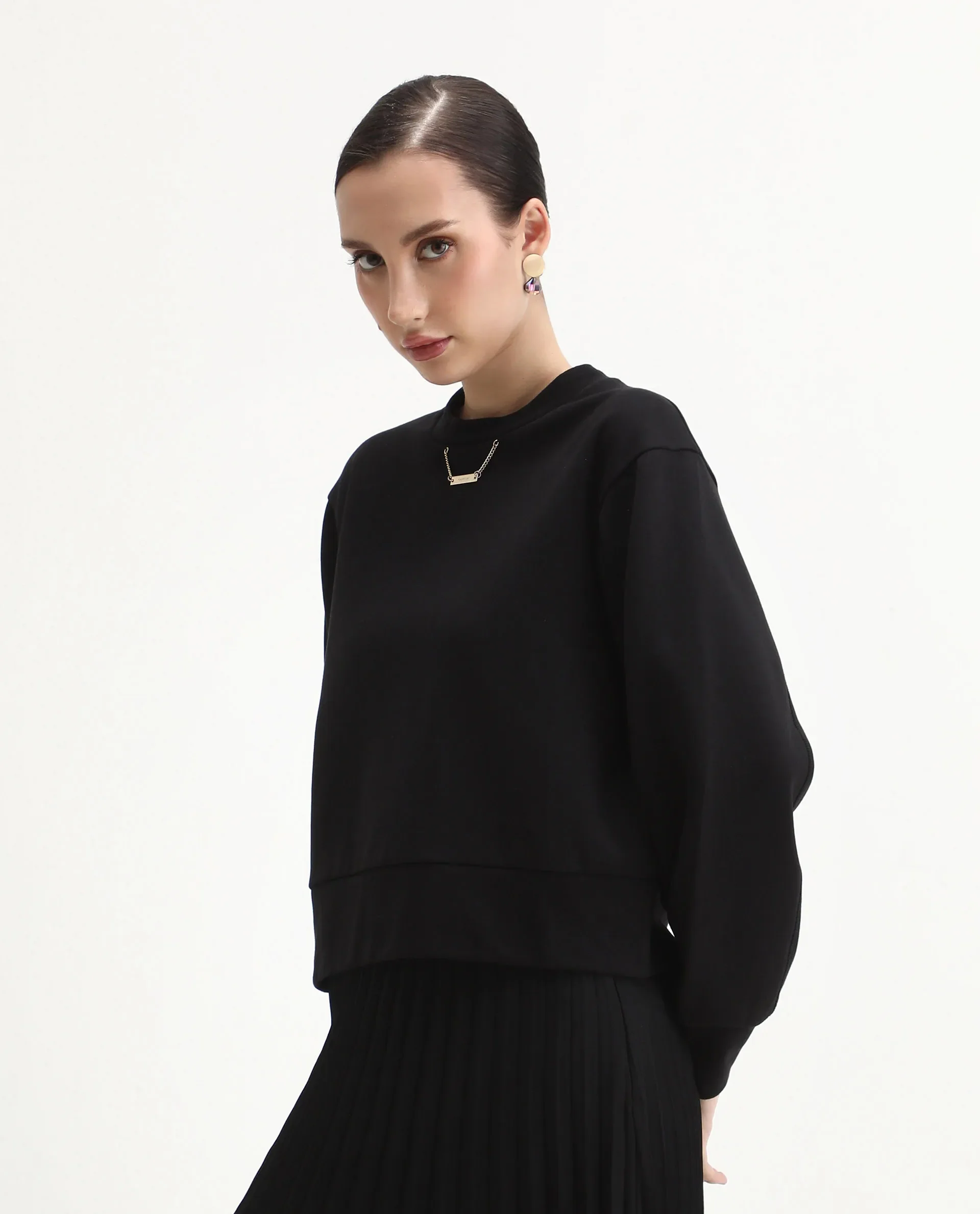 Rareism Women's Naz Black Cotton Blend Fabric Crew Neck Relaxed Fit Printed Sweatshirt - Image 6