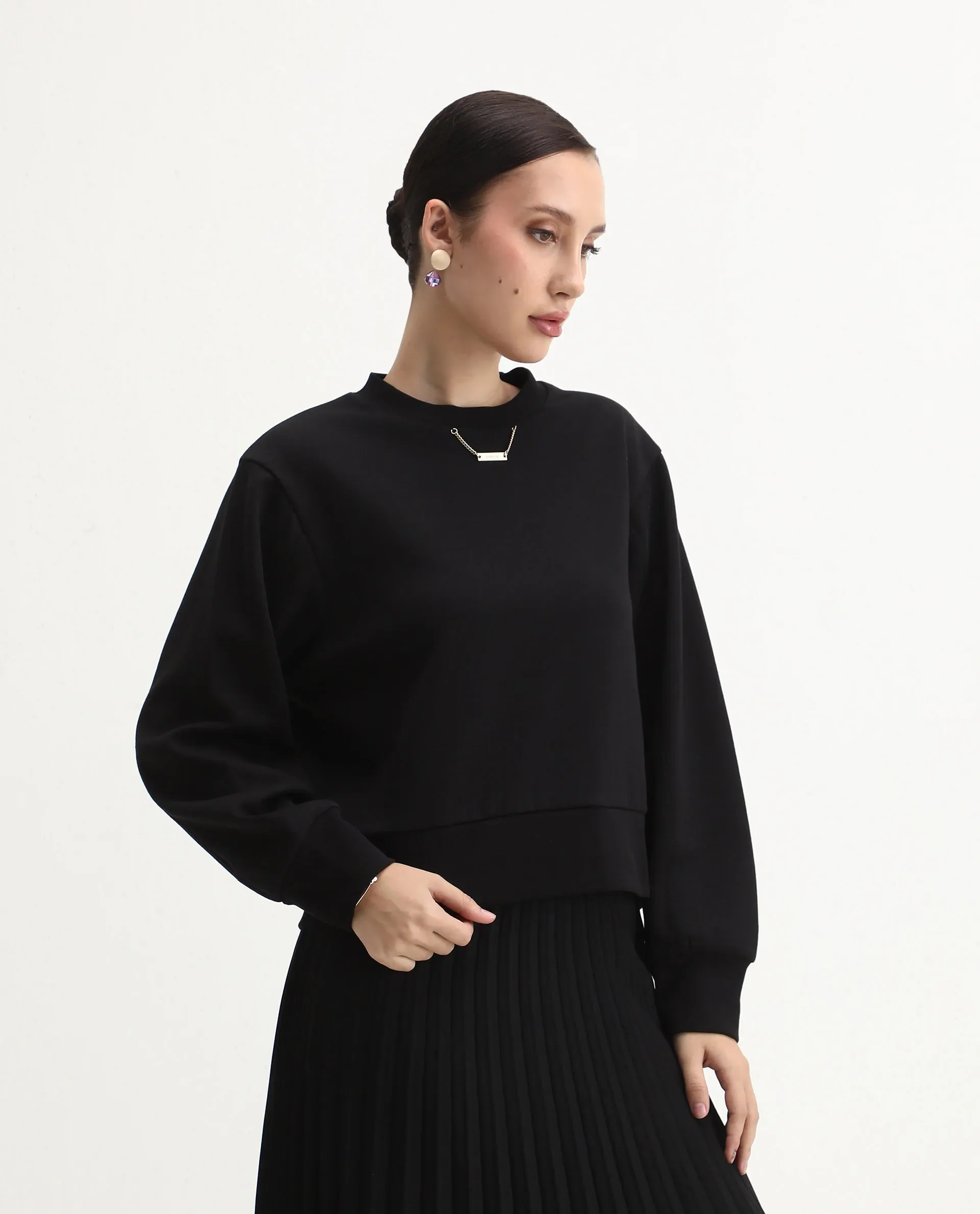 Rareism Women's Naz Black Cotton Blend Fabric Crew Neck Relaxed Fit Printed Sweatshirt - Image 7