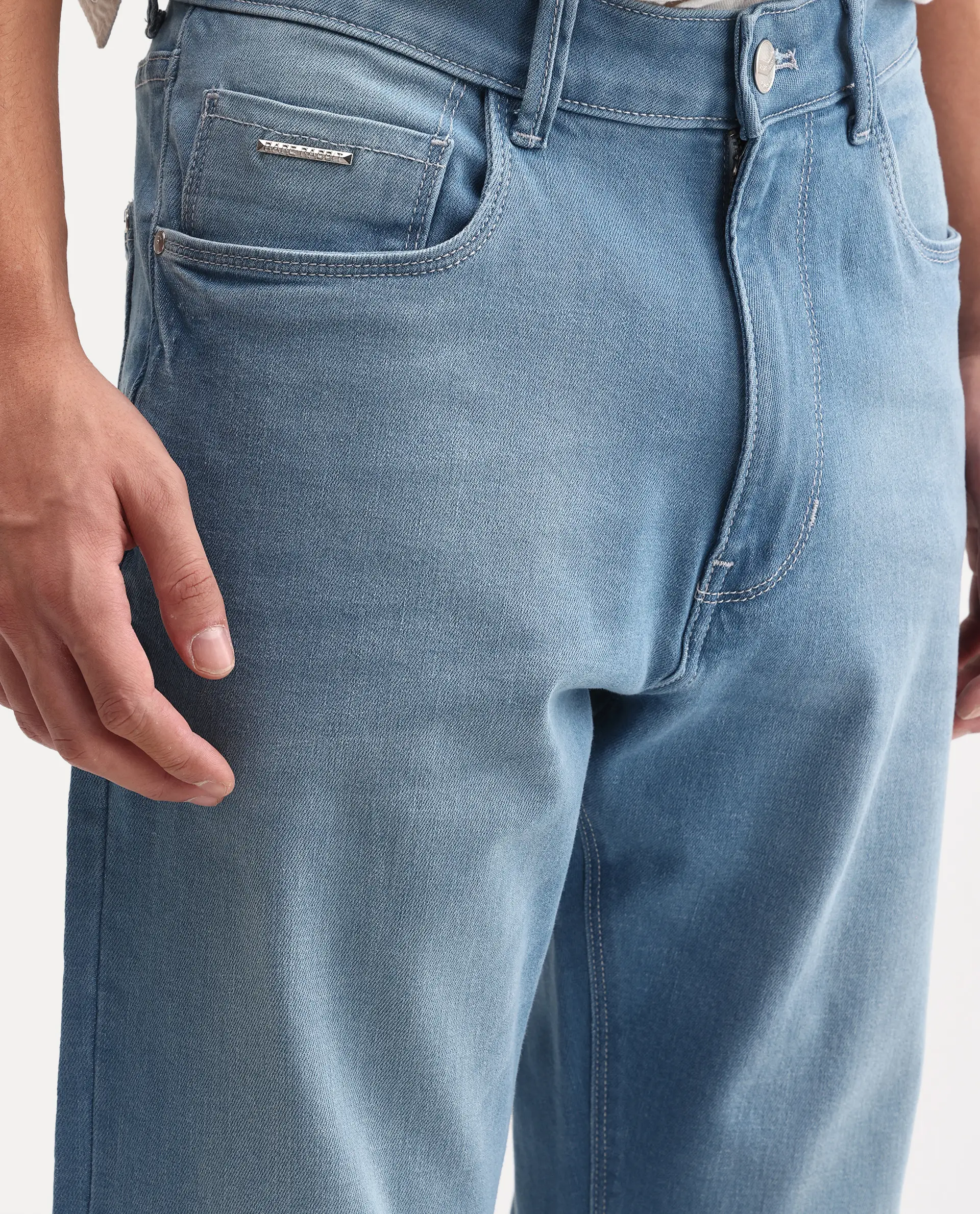 Rare Rabbit Men's Nazek Light Blue Cotton Blend Fabric Shank And Zipper Morris Regular Fit Plain Jeans - Image 3