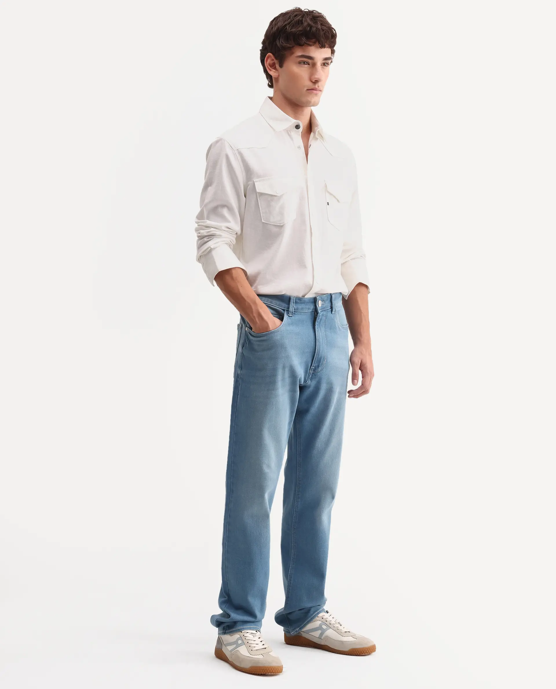 Rare Rabbit Men's Nazek Light Blue Cotton Blend Fabric Shank And Zipper Morris Regular Fit Plain Jeans - Image 4