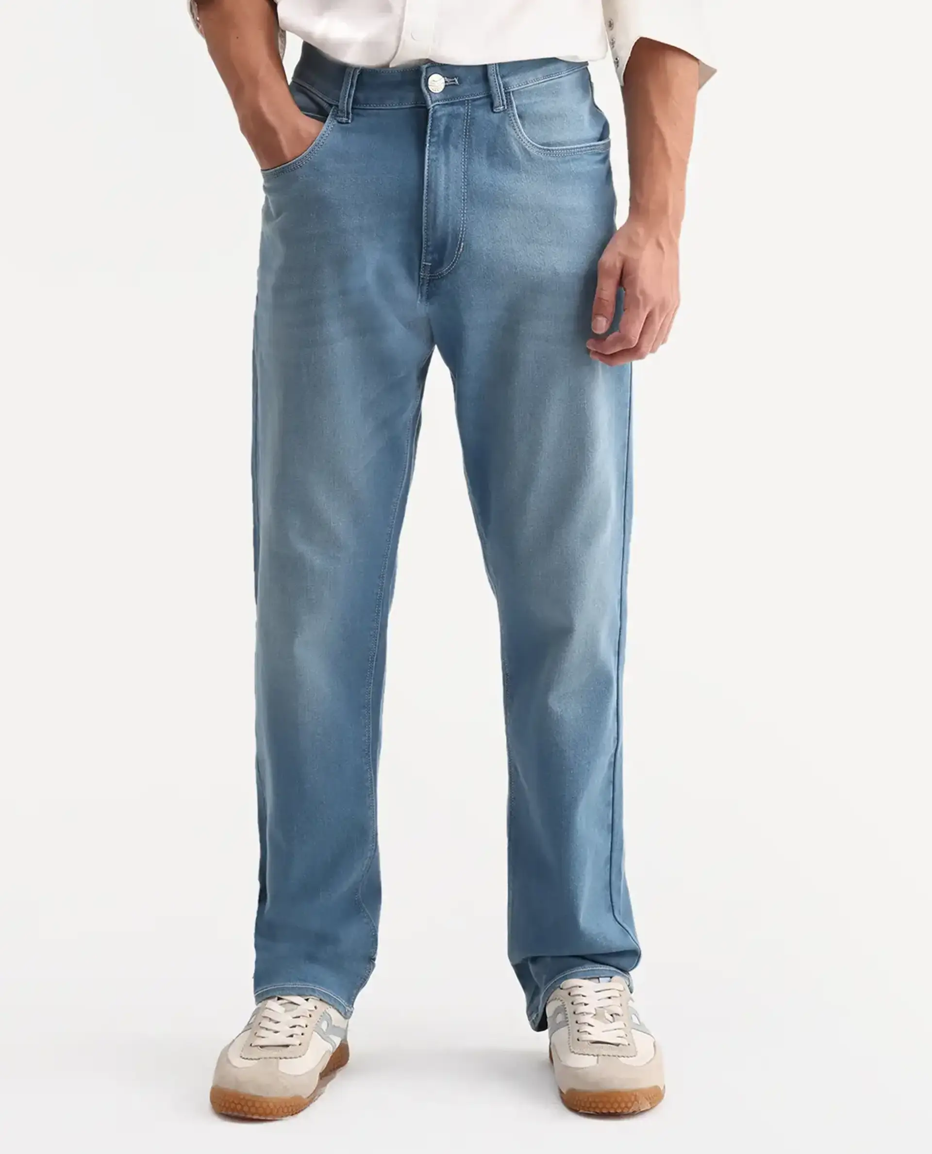 Rare Rabbit Men's Nazek Light Blue Cotton Blend Fabric Shank And Zipper Morris Regular Fit Plain Jeans - Image 8