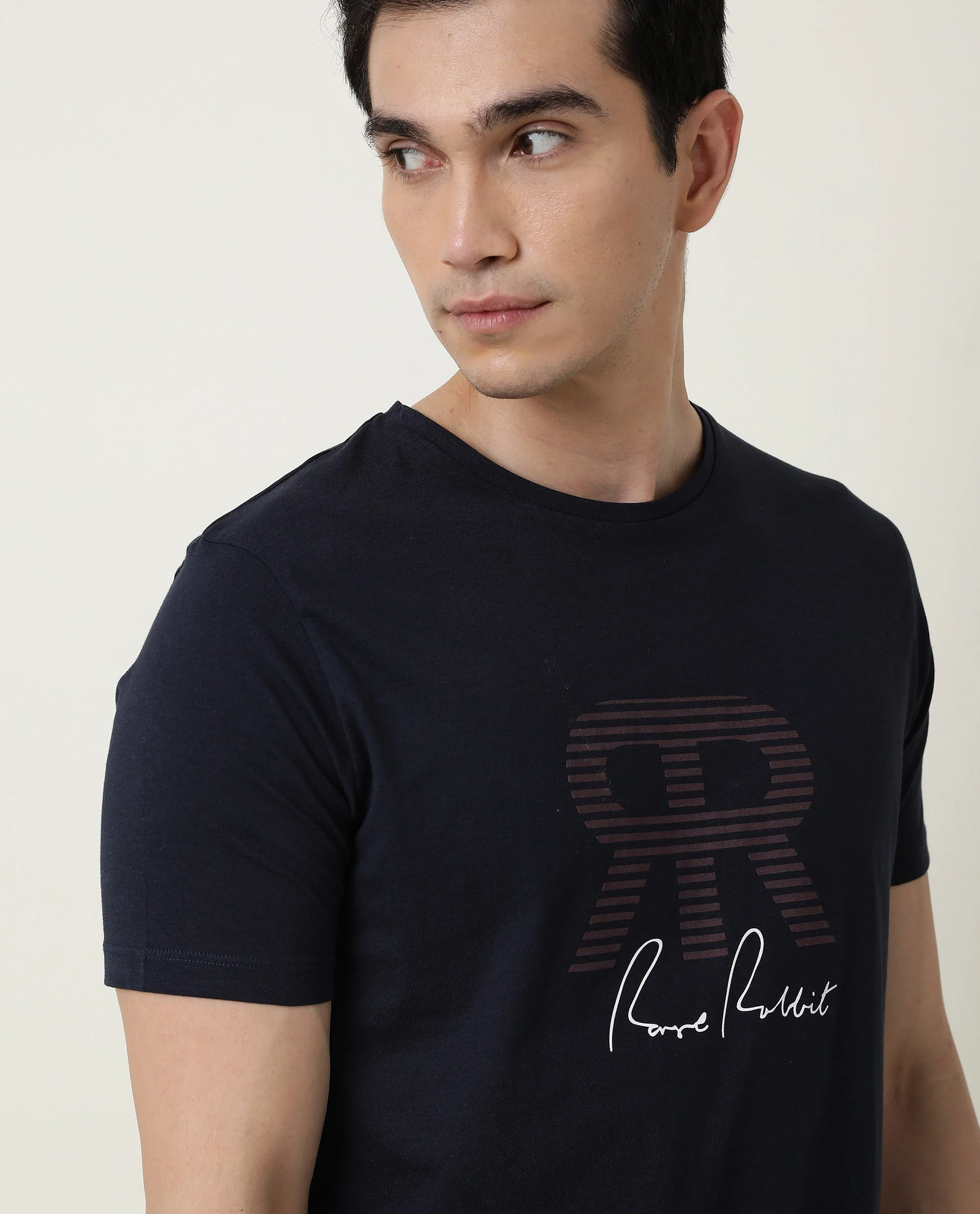 Rare Rabbit Men's Near Navy Cotton Printed Slim Fit Half Sleeve Crew Neck T-Shirt - Image 11