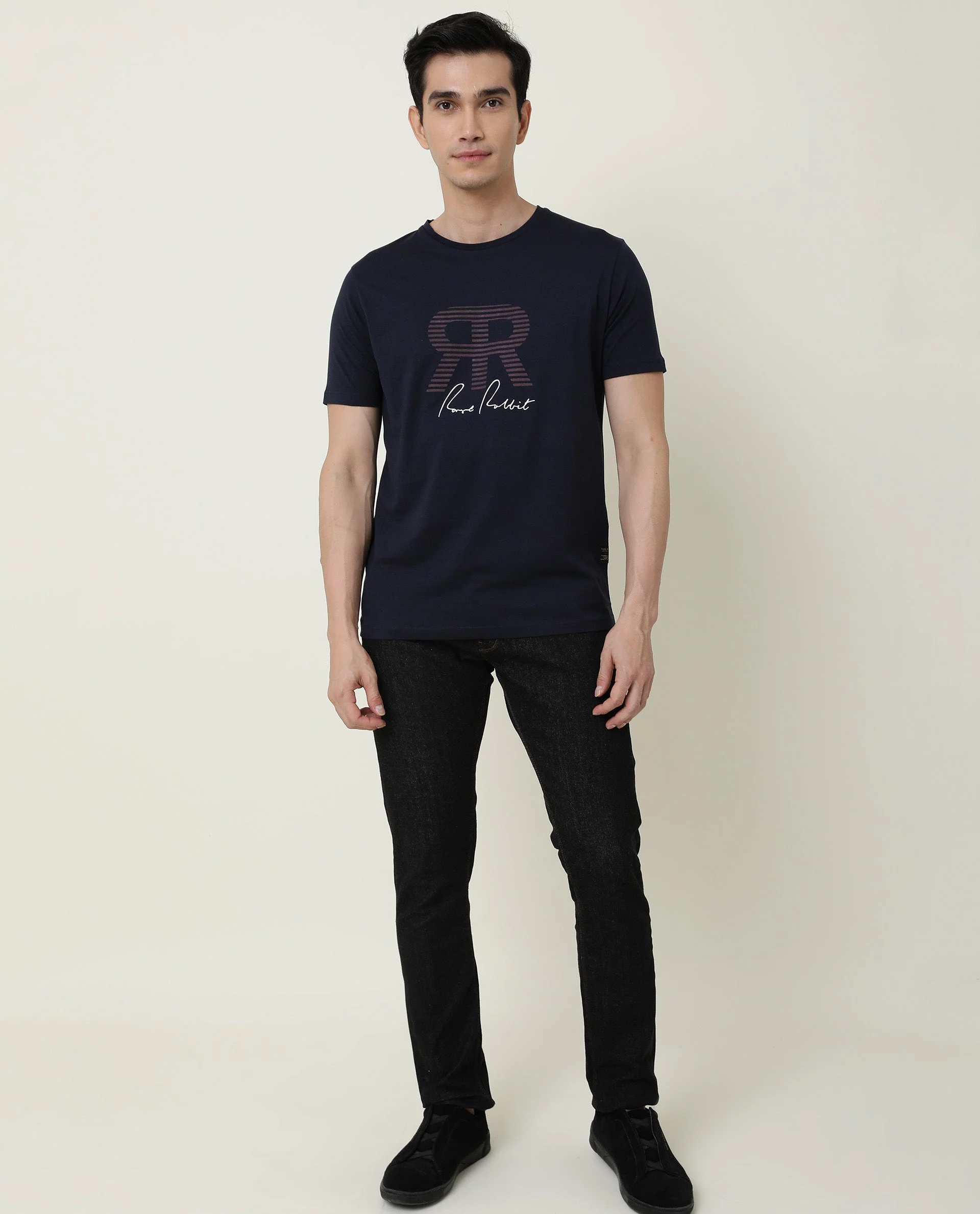 Rare Rabbit Men's Near Navy Cotton Printed Slim Fit Half Sleeve Crew Neck T-Shirt - Image 12