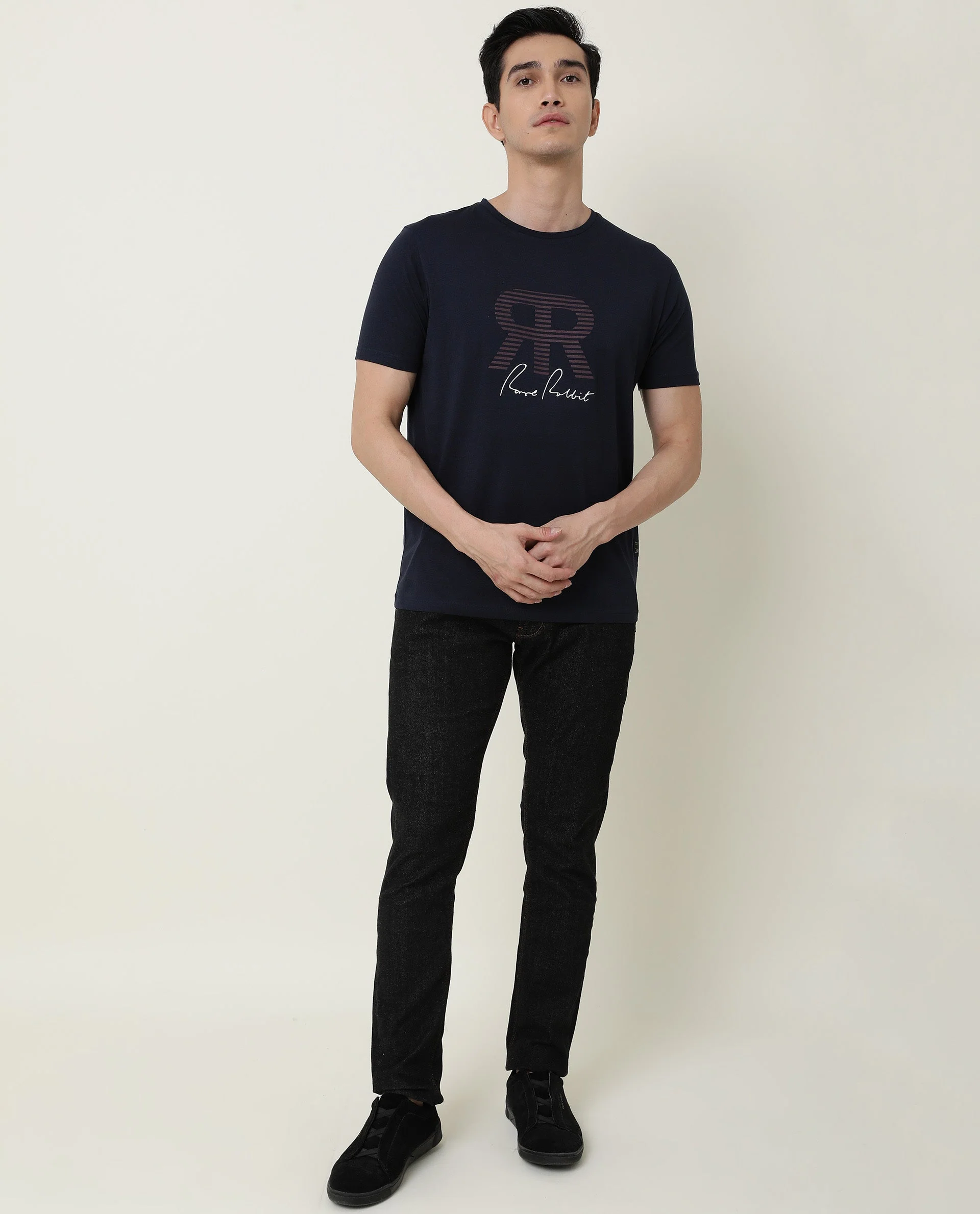 Rare Rabbit Men's Near Navy Cotton Printed Slim Fit Half Sleeve Crew Neck T-Shirt - Image 2