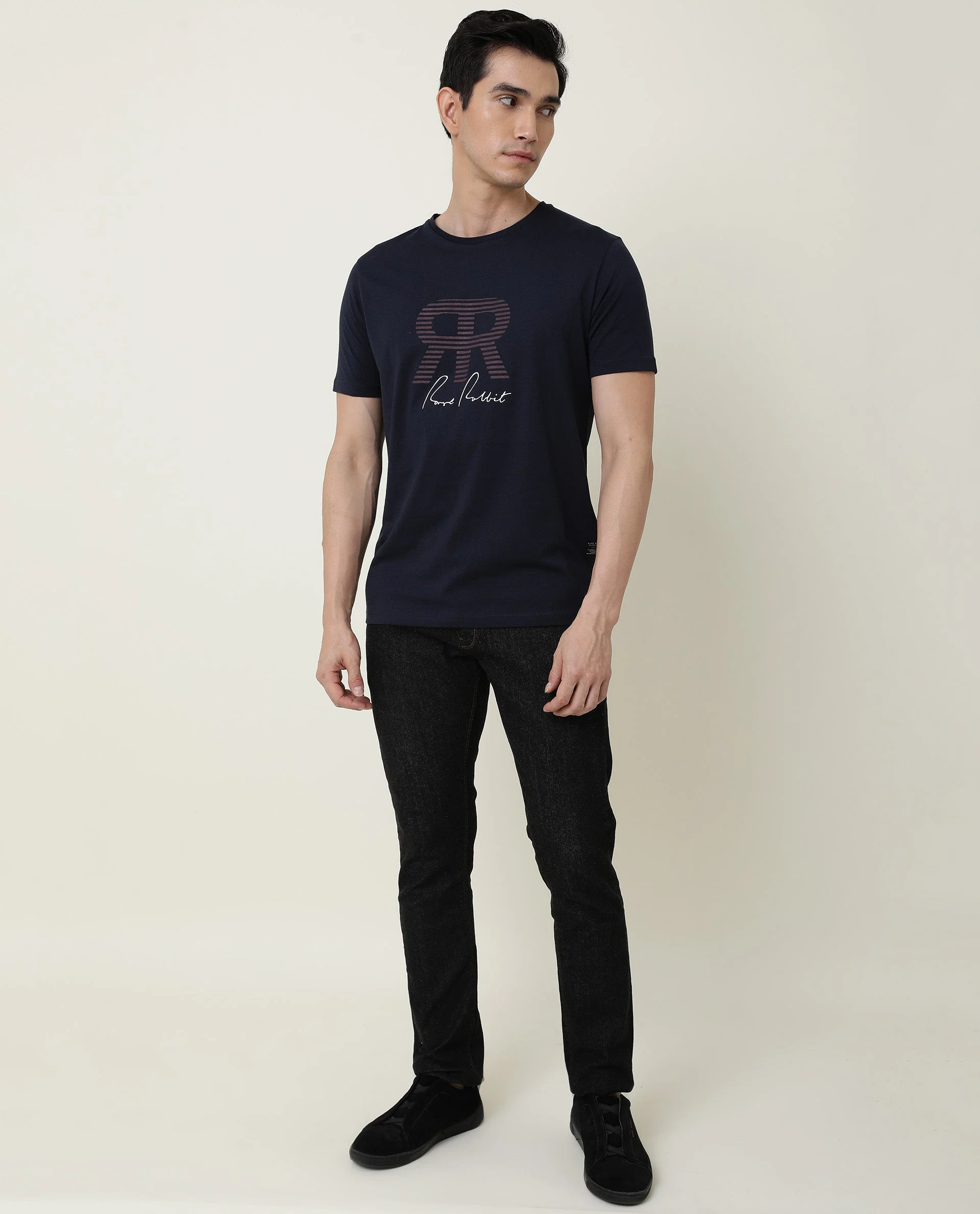 Rare Rabbit Men's Near Navy Cotton Printed Slim Fit Half Sleeve Crew Neck T-Shirt - Image 3