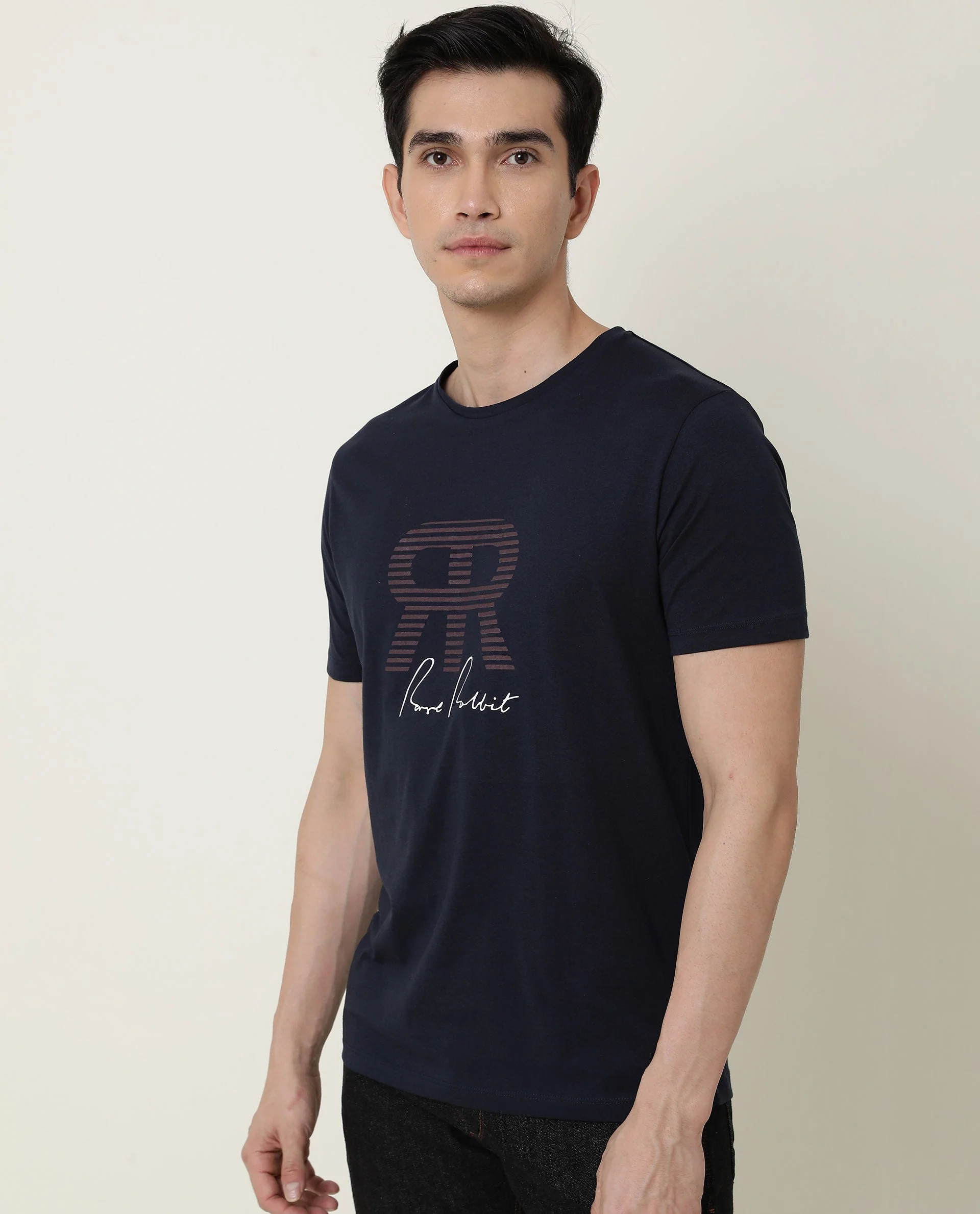 Rare Rabbit Men's Near Navy Cotton Printed Slim Fit Half Sleeve Crew Neck T-Shirt - Image 4