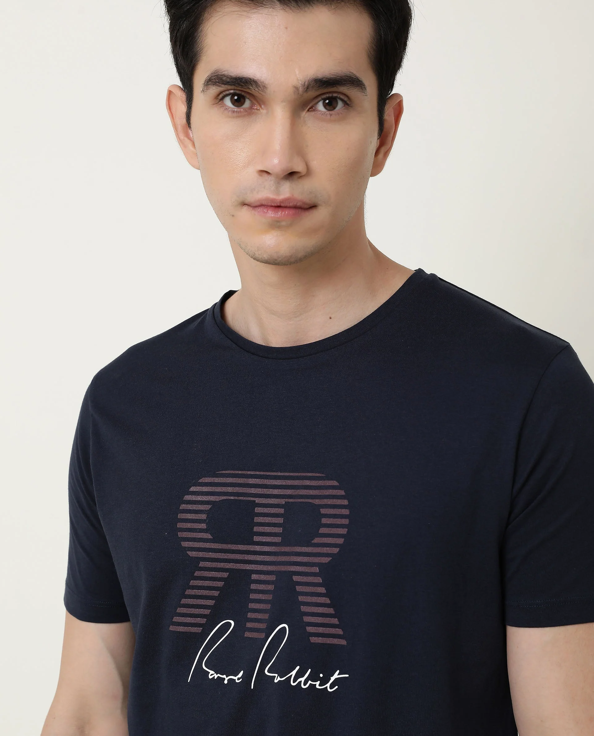 Rare Rabbit Men's Near Navy Cotton Printed Slim Fit Half Sleeve Crew Neck T-Shirt - Image 6