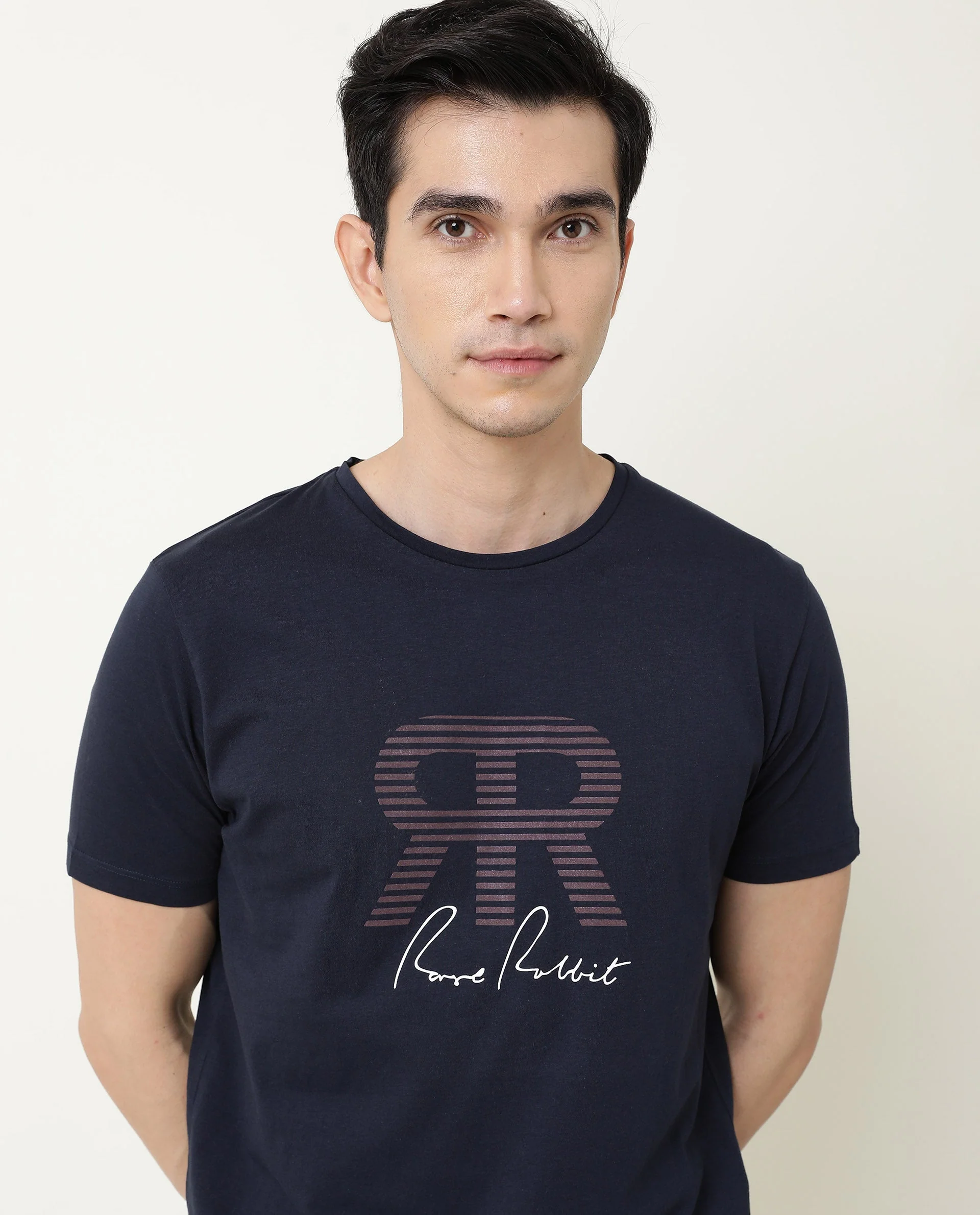 Rare Rabbit Men's Near Navy Cotton Printed Slim Fit Half Sleeve Crew Neck T-Shirt - Image 7