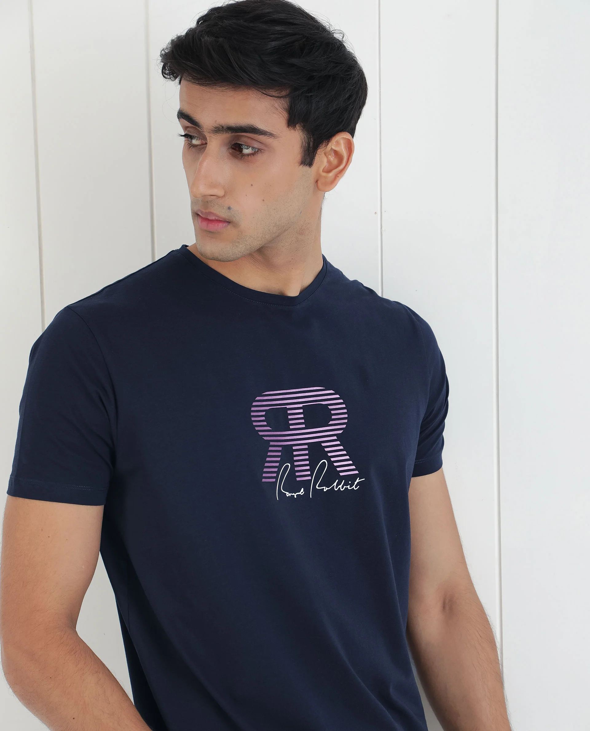 Rare Rabbit Men's Neary Navy Cotton Graphic Print Slim Fit Half Sleeve Crew Neck T-Shirt
