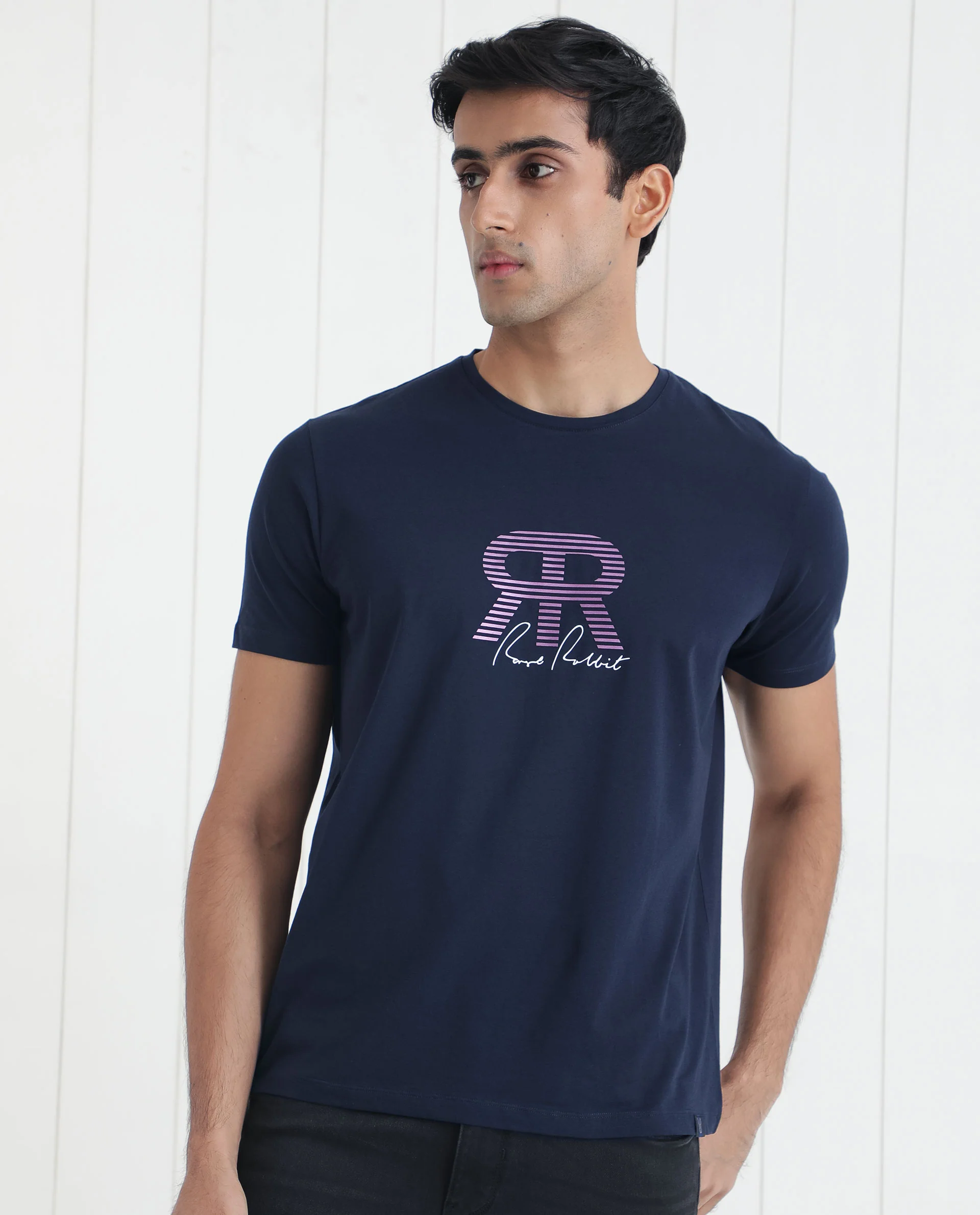 Rare Rabbit Men's Neary Navy Cotton Graphic Print Slim Fit Half Sleeve Crew Neck T-Shirt - Image 2