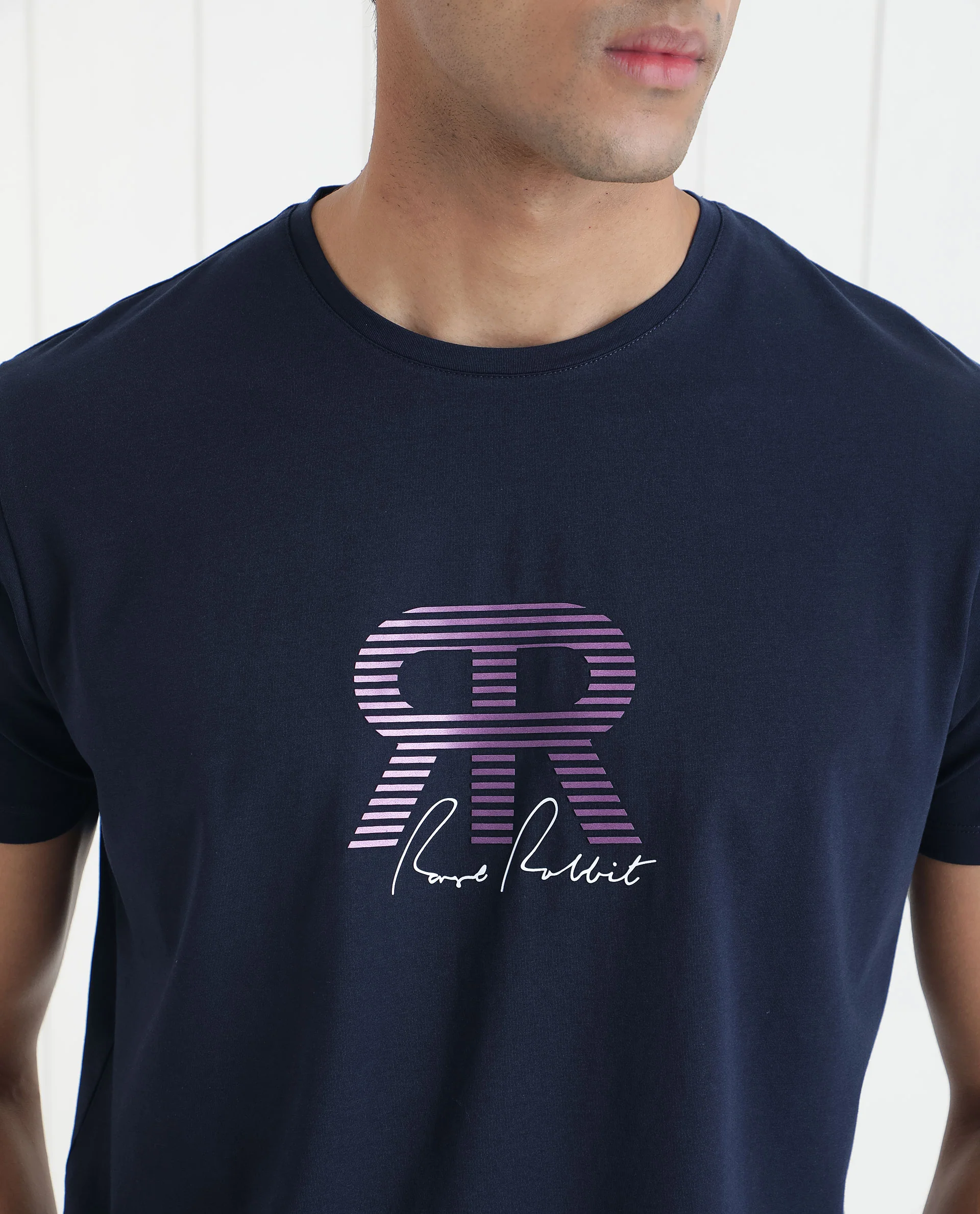 Rare Rabbit Men's Neary Navy Cotton Graphic Print Slim Fit Half Sleeve Crew Neck T-Shirt - Image 3