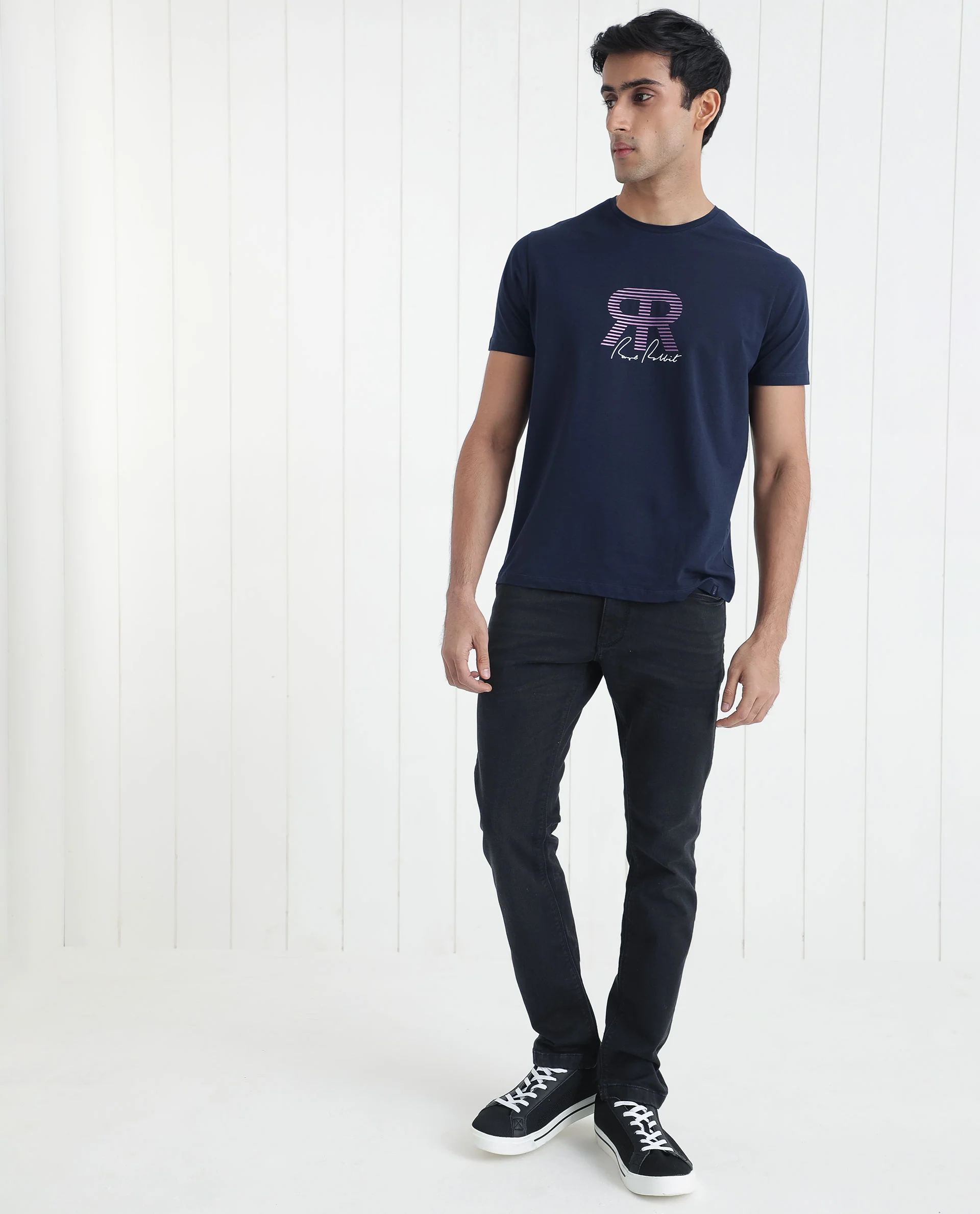 Rare Rabbit Men's Neary Navy Cotton Graphic Print Slim Fit Half Sleeve Crew Neck T-Shirt - Image 4