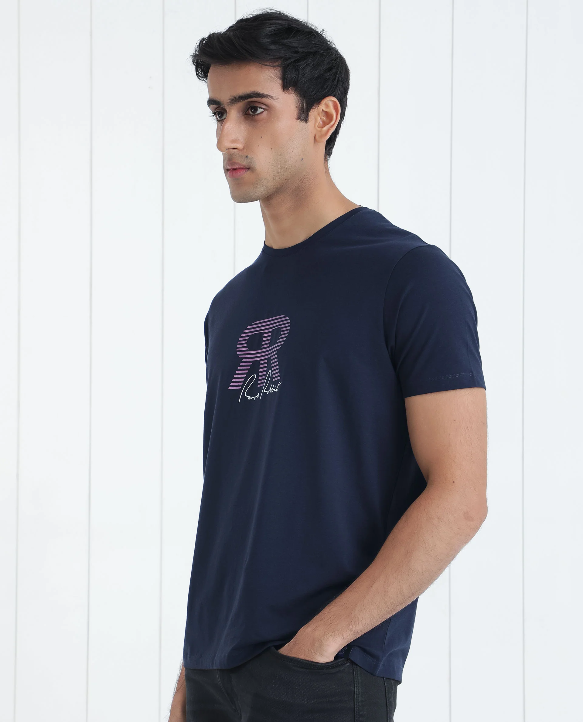 Rare Rabbit Men's Neary Navy Cotton Graphic Print Slim Fit Half Sleeve Crew Neck T-Shirt - Image 5