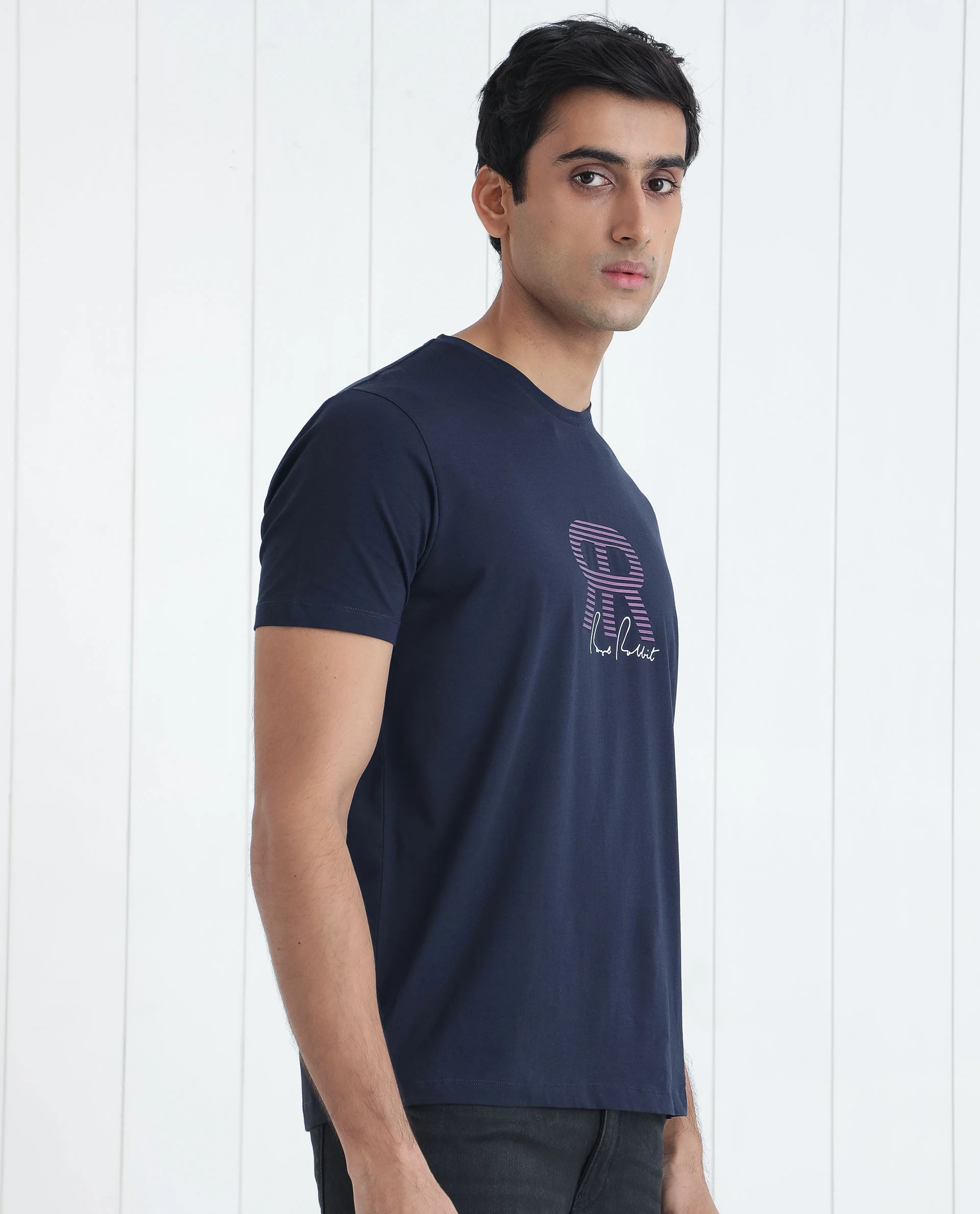 Rare Rabbit Men's Neary Navy Cotton Graphic Print Slim Fit Half Sleeve Crew Neck T-Shirt - Image 6