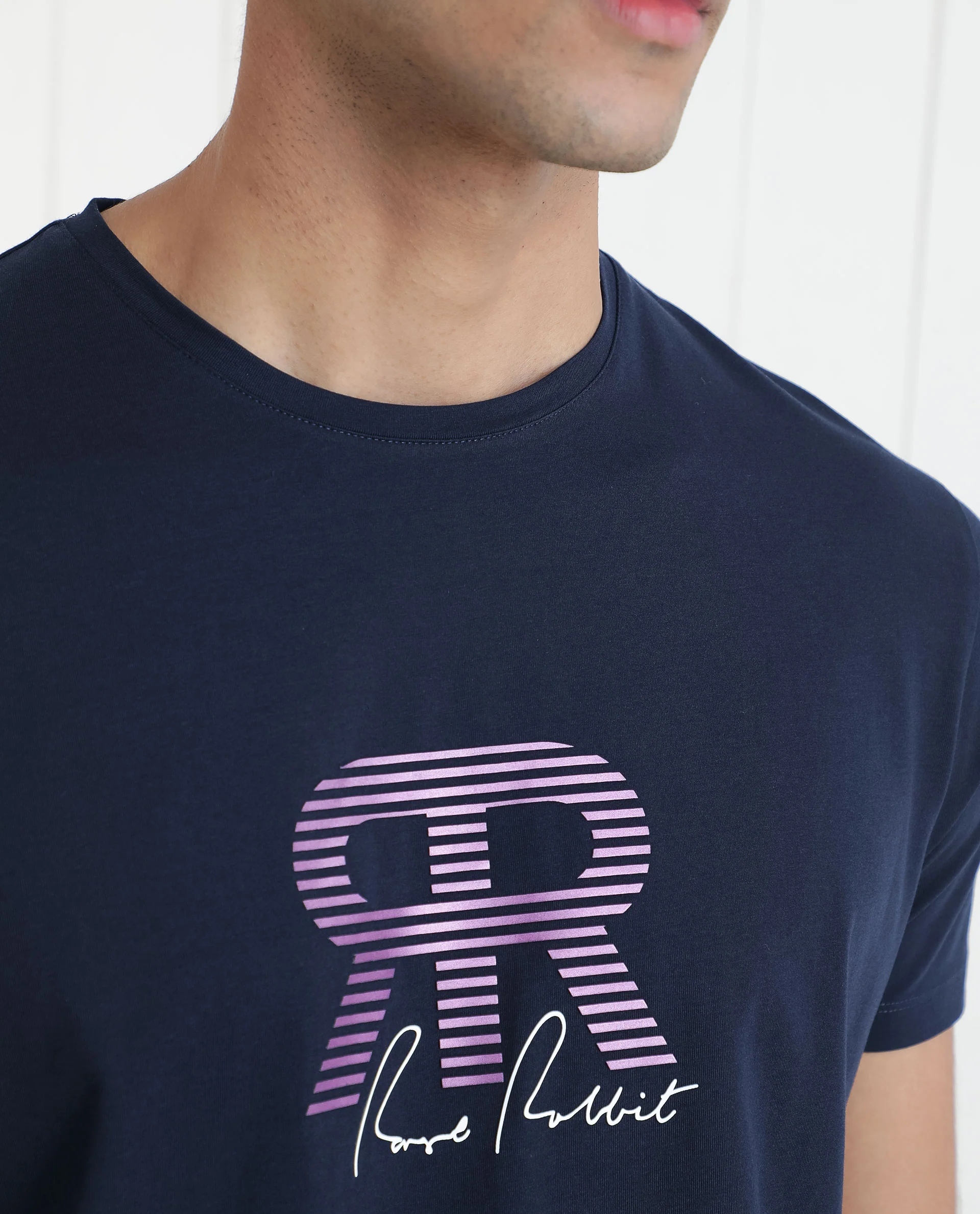 Rare Rabbit Men's Neary Navy Cotton Graphic Print Slim Fit Half Sleeve Crew Neck T-Shirt - Image 7