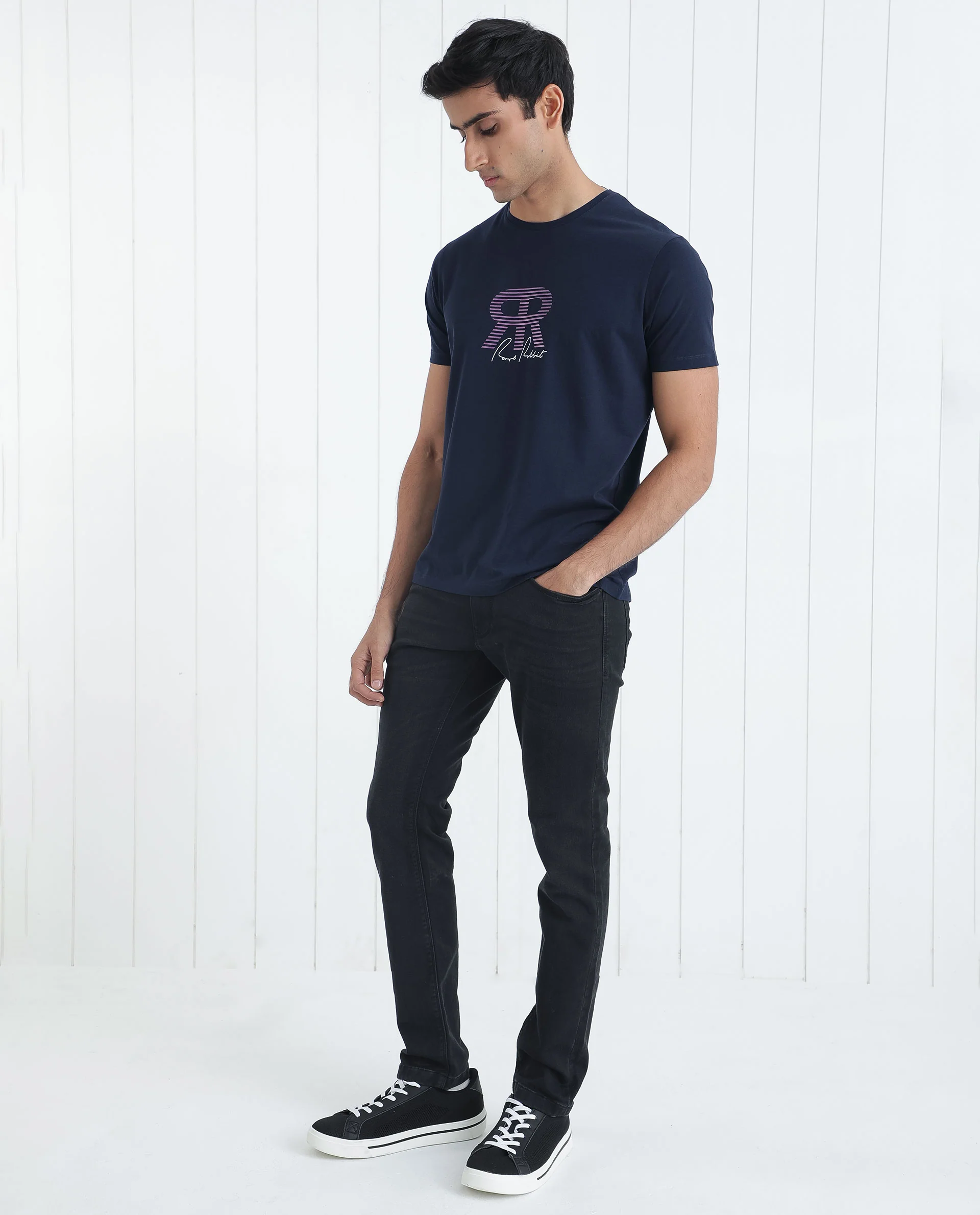 Rare Rabbit Men's Neary Navy Cotton Graphic Print Slim Fit Half Sleeve Crew Neck T-Shirt - Image 9