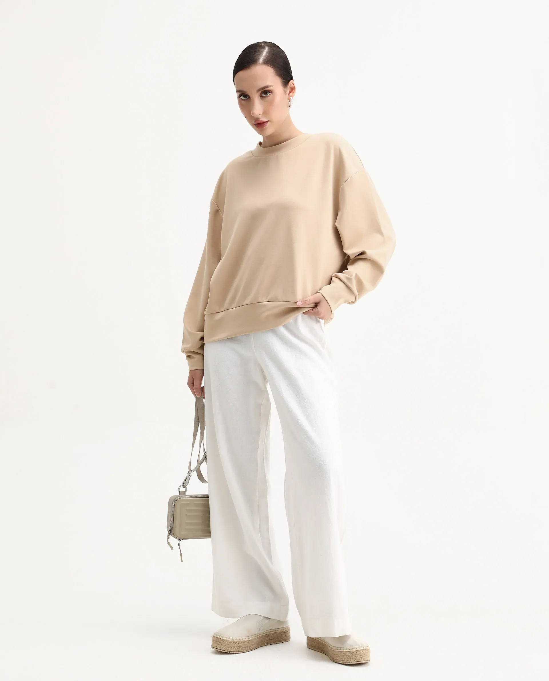 Rareism Women's Nebo Beige Modal Blend Fabric Crew Neck Relaxed Fit Printed Sweatshirt - Image 2