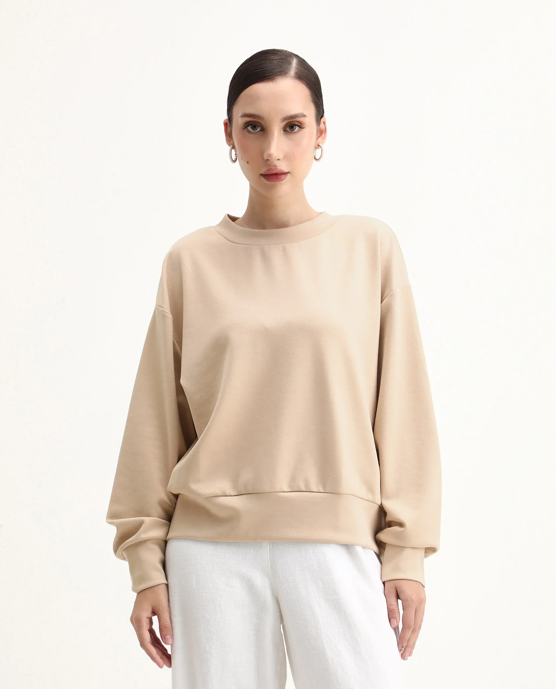 Rareism Women's Nebo Beige Modal Blend Fabric Crew Neck Relaxed Fit Printed Sweatshirt - Image 3