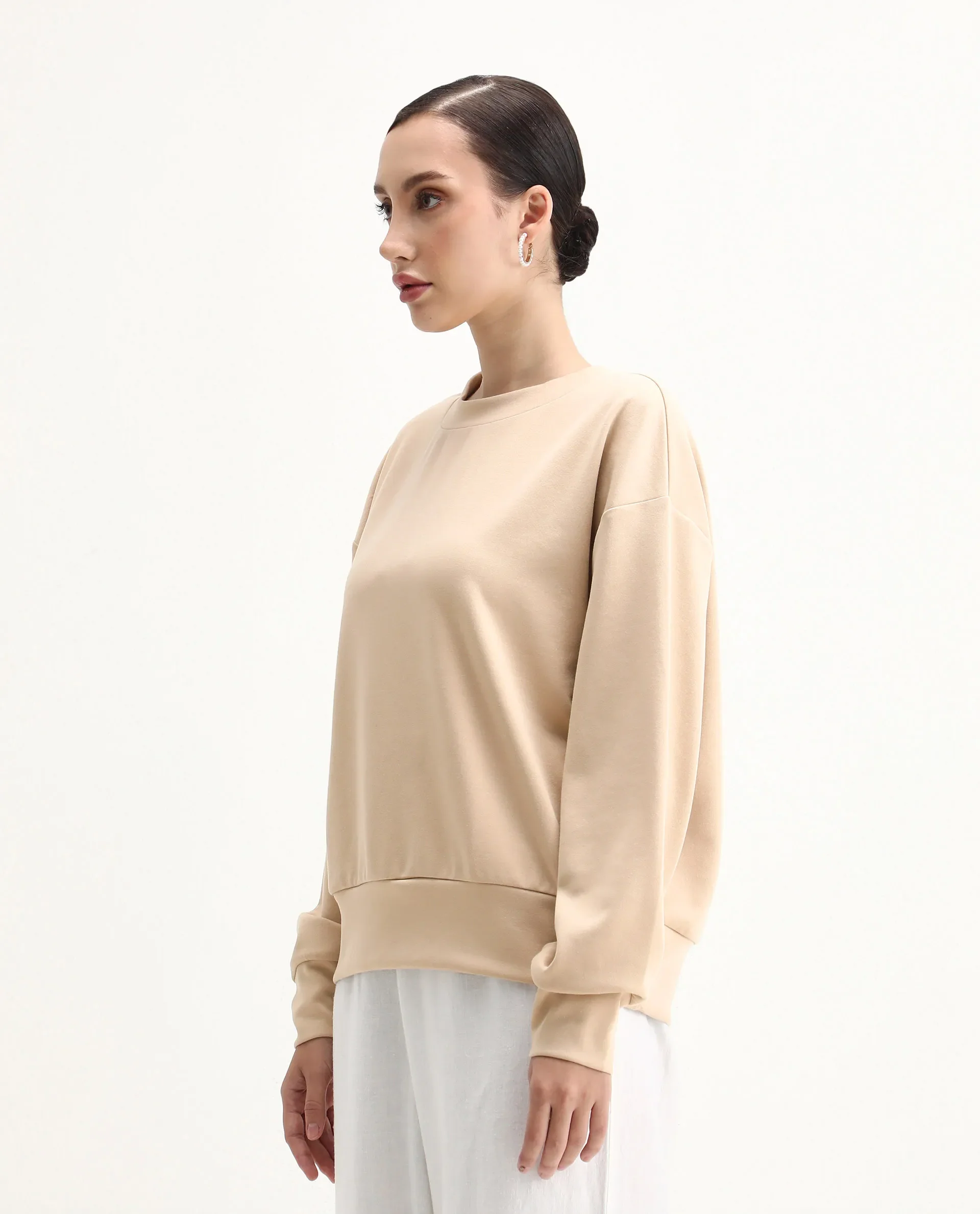 Rareism Women's Nebo Beige Modal Blend Fabric Crew Neck Relaxed Fit Printed Sweatshirt - Image 5