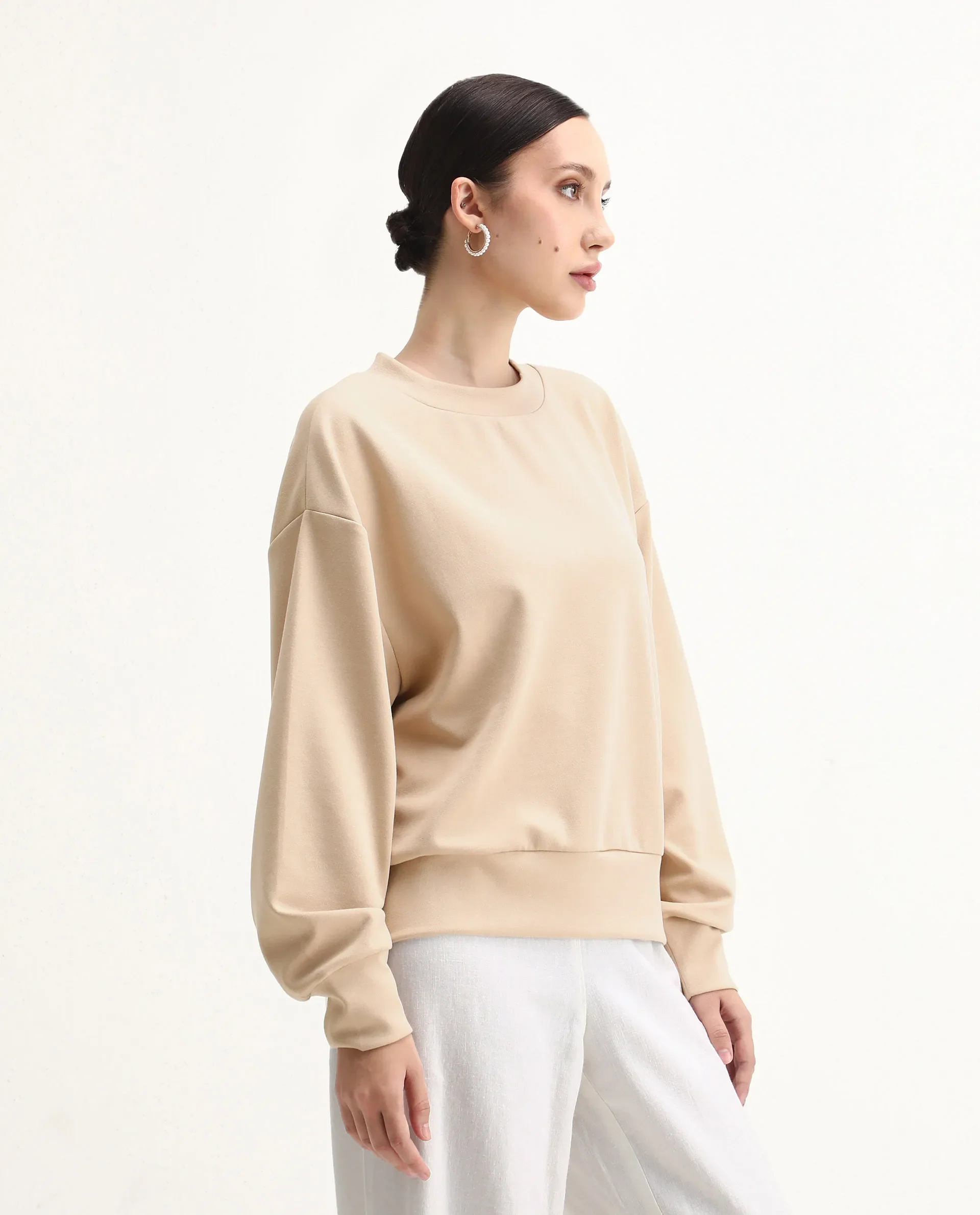 Rareism Women's Nebo Beige Modal Blend Fabric Crew Neck Relaxed Fit Printed Sweatshirt - Image 6