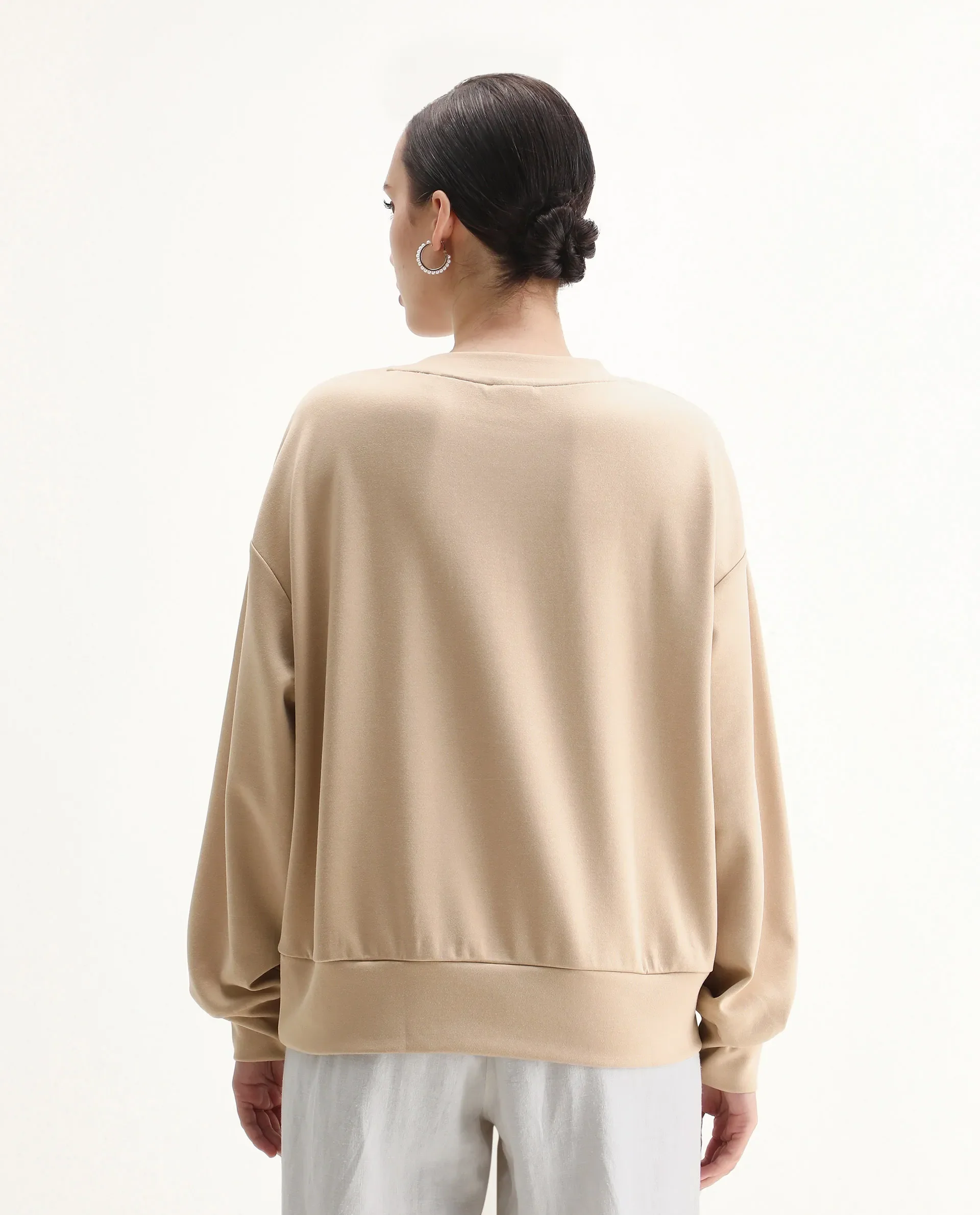 Rareism Women's Nebo Beige Modal Blend Fabric Crew Neck Relaxed Fit Printed Sweatshirt - Image 7