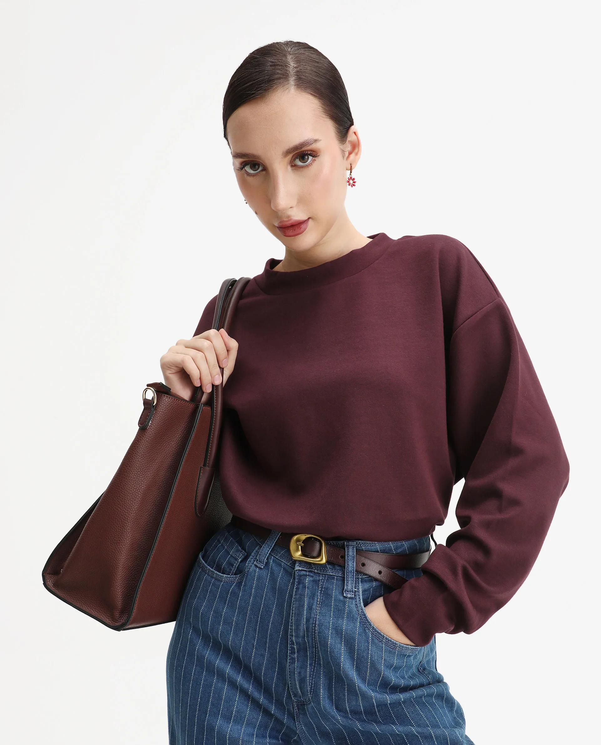 Rareism Women's Nebo Dark Maroon Modal Blend Fabric Crew Neck Relaxed Fit Printed Sweatshirt