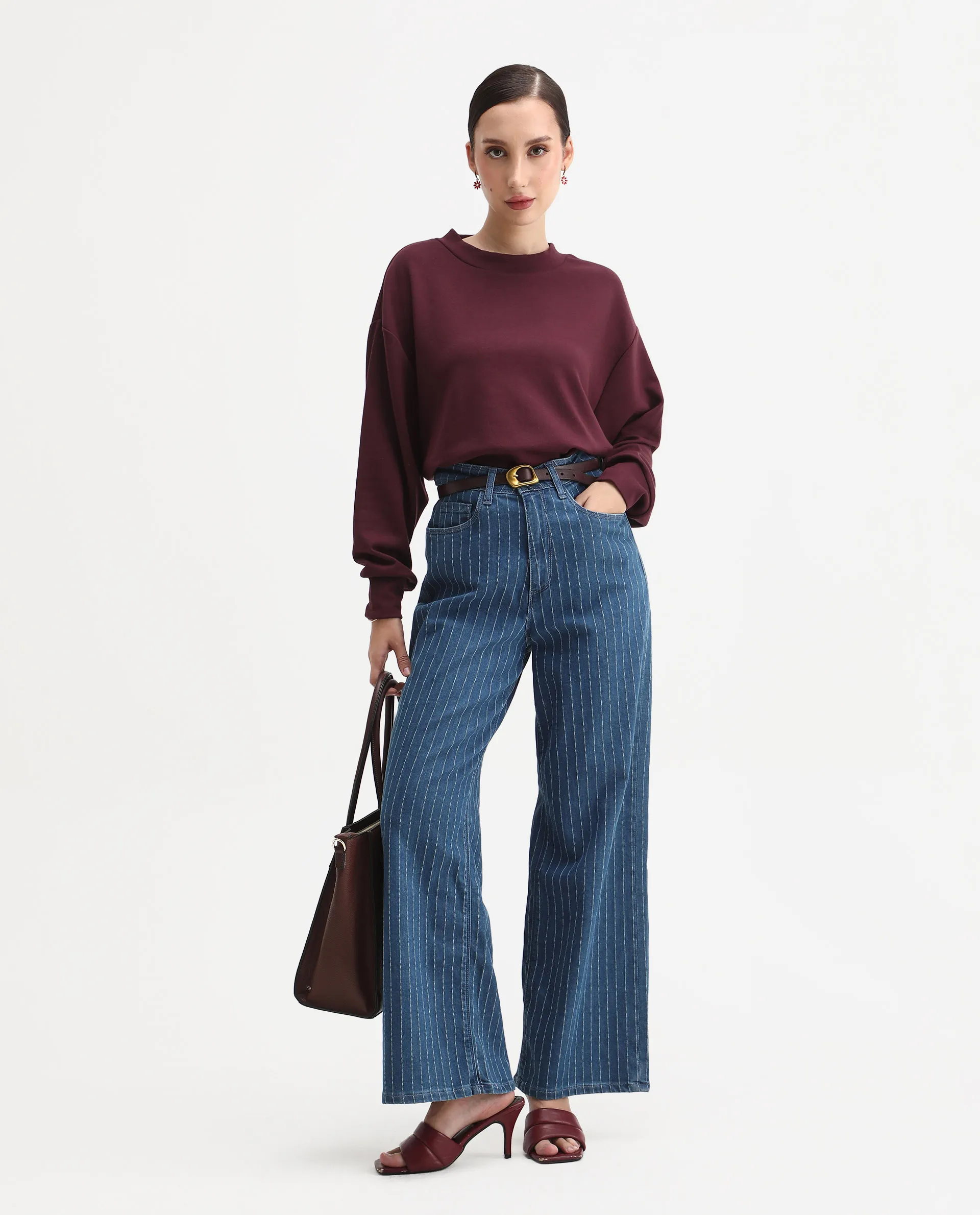 Rareism Women's Nebo Dark Maroon Modal Blend Fabric Crew Neck Relaxed Fit Printed Sweatshirt - Image 2