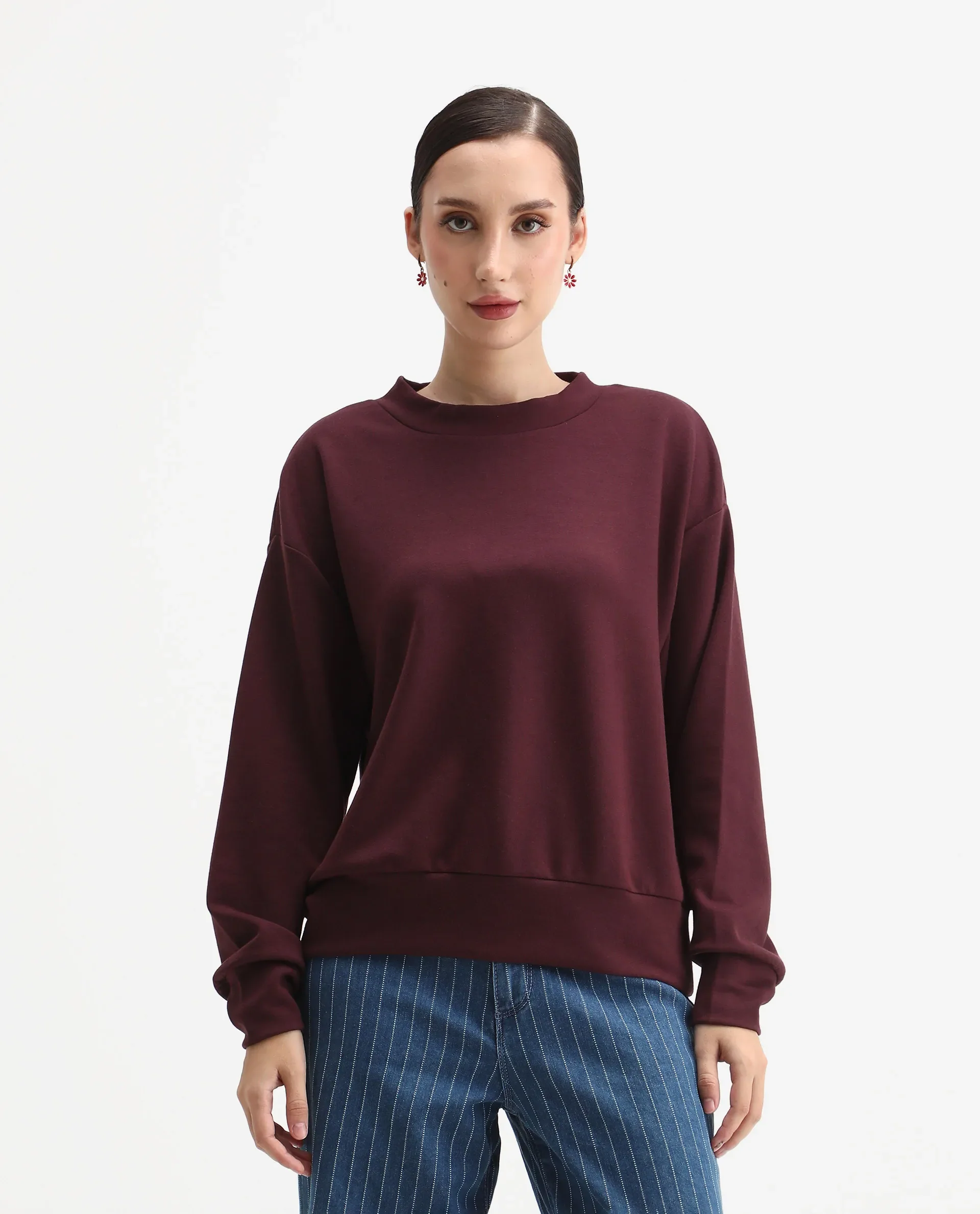 Rareism Women's Nebo Dark Maroon Modal Blend Fabric Crew Neck Relaxed Fit Printed Sweatshirt - Image 3